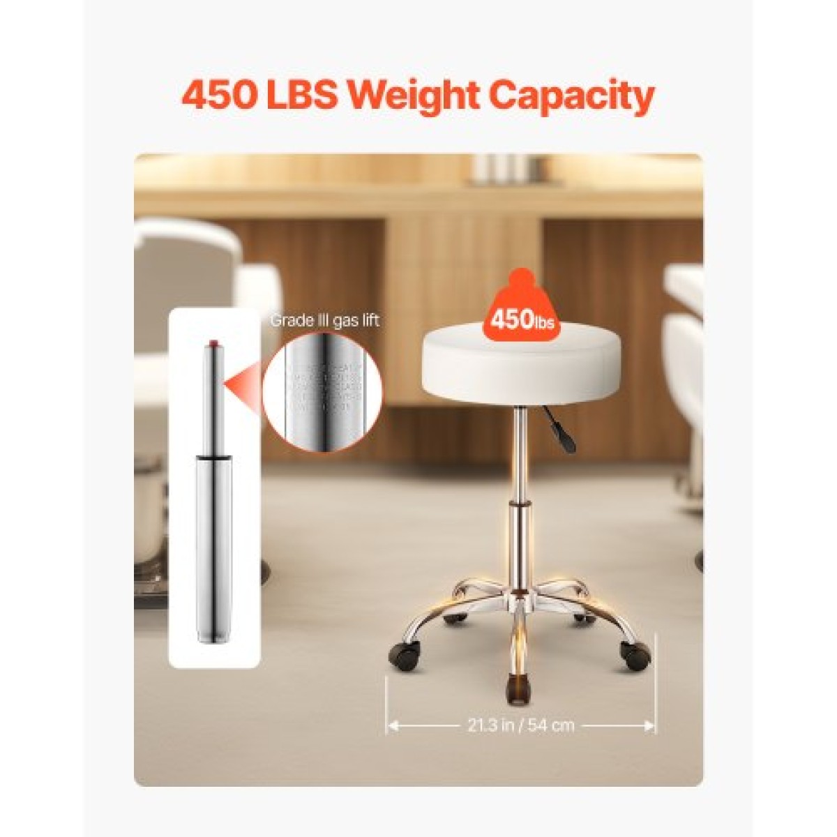 Σκαμπό VEVOR ρολό με ρόδες, 450 LBS Weight Capacity Στρογγυλό σκαμπό καρέκλα κυλιόμενο, ρυθμιζόμενο ύψος, πυκνό PU δερμάτινο περιστρεφόμενο σκαμπό για σαλόνι, σπα, μασάζ, τατουάζ, κλινική, λευκό