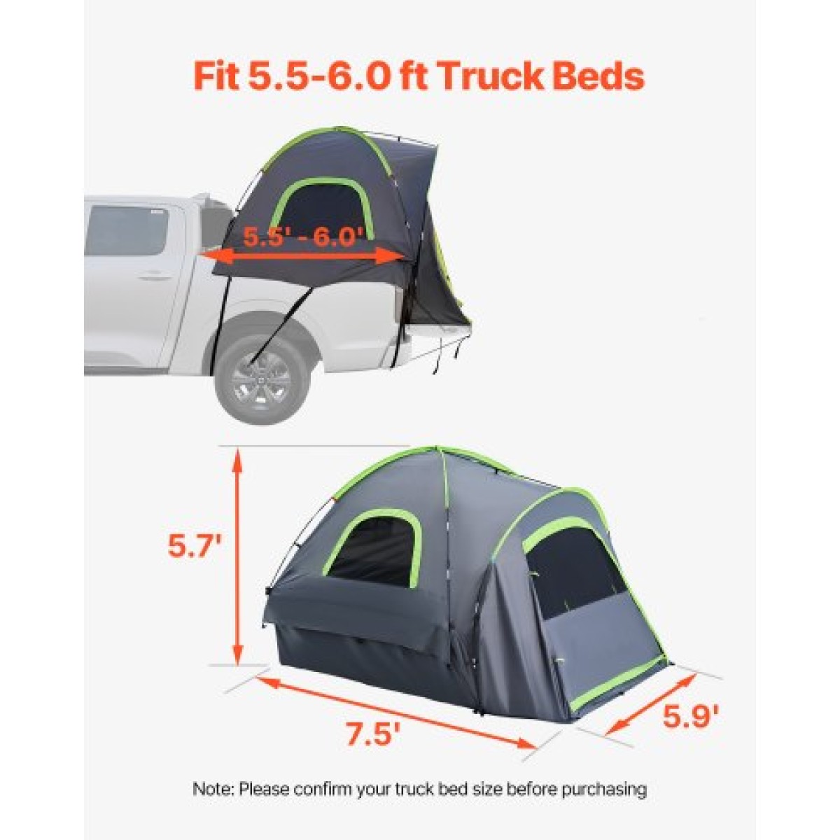 Σκηνή φορτηγού VEVOR Pickup, Fit 5,5-6,0 ft Truck Tents for Camping, Αδιάβροχη σκηνή κρεβατιού φορτηγού 2-3 ατόμων PU2000mm με παράθυρα διπλής στρώσης, ανθεκτικό κέλυφος τροχόσπιτου κρεβατιού φορτηγού με τσάντα αποθήκευσης
