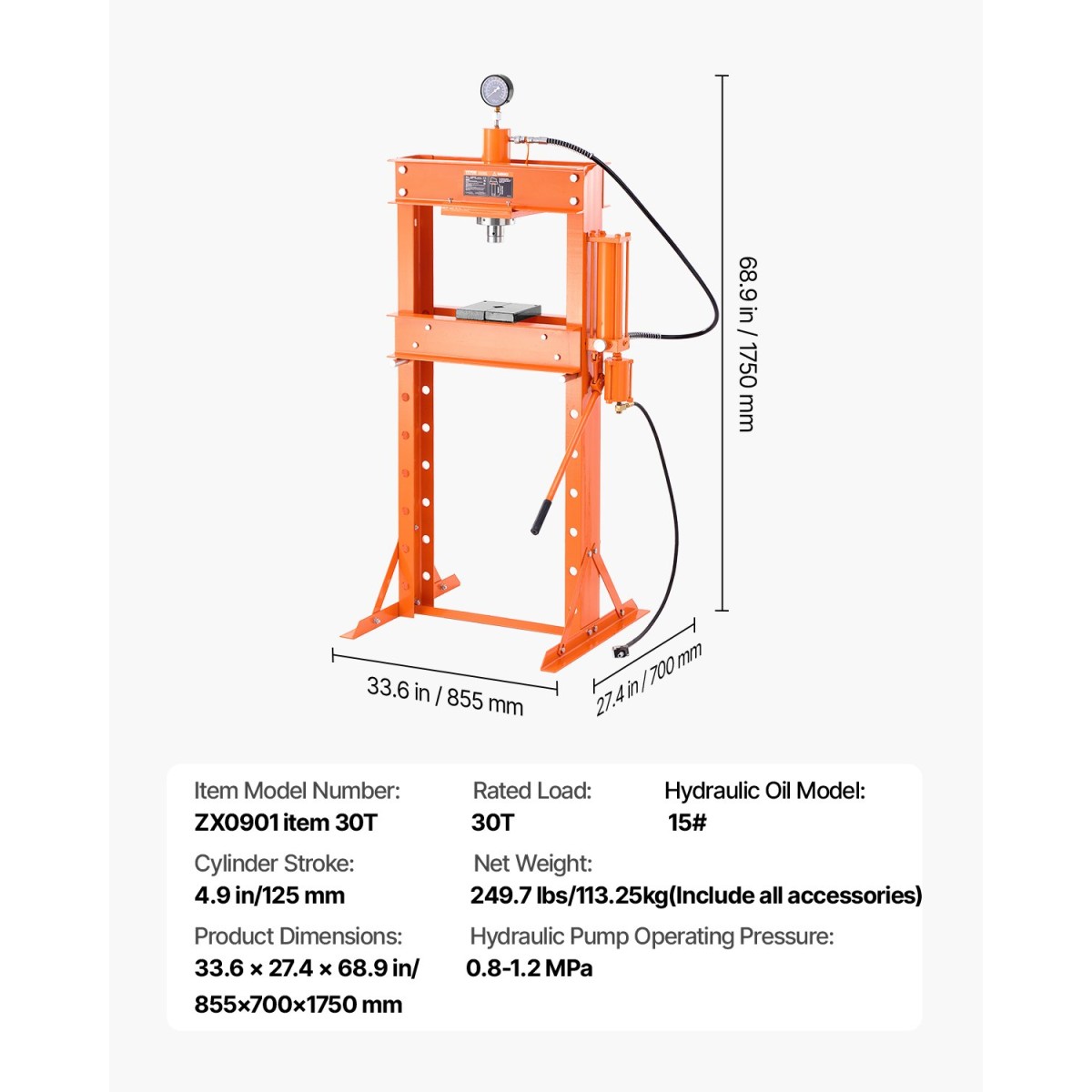 VEVOR Hydraulic Shop Press, 30 T H-Frame Pneumatic Shop Press με πλάκα πρέσας & τριγωνική στήριξη, σταθερή υδραυλική πρέσα ρυθμιζόμενη στο πάτωμα γκαράζ με ανακουφιστική βαλβίδα, κατάλληλη για κάμψη & ίσιωμα