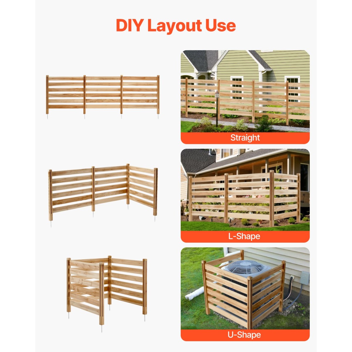 VEVOR Wood Privacy Fence, 36" W x 36" L, Οθόνη φράχτη κλιματιστικού με 3 πάνελ, περίβλημα εξοπλισμού πισίνας με μεταλλικούς πασσάλους, εύκολη εγκατάσταση DIY, Κάδος απορριμμάτων εξωτερικού χώρου για διακόσμηση κήπου