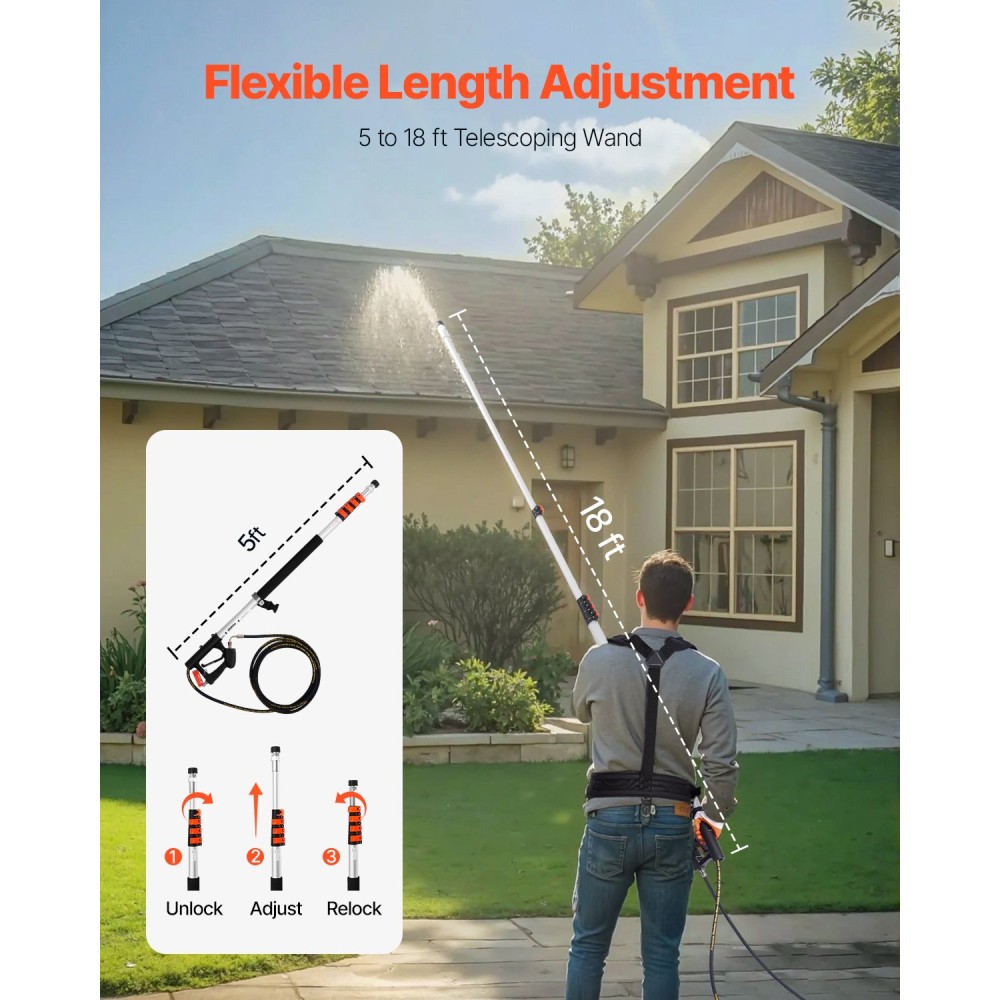 Τηλεσκοπική ράβδος πλύσης πίεσης VEVOR, 18 ft, 4000 psi, Τηλεσκοπική ράβδος ψεκασμού με ράβδους επέκτασης ηλεκτρικού πλυσίματος, Καθαριστικό υδρορροών, κεφαλή βούρτσας, 5 ακροφύσια ψεκασμού, προσαρμογέας και ρυθμιζόμενος ιμάντας στήριξης