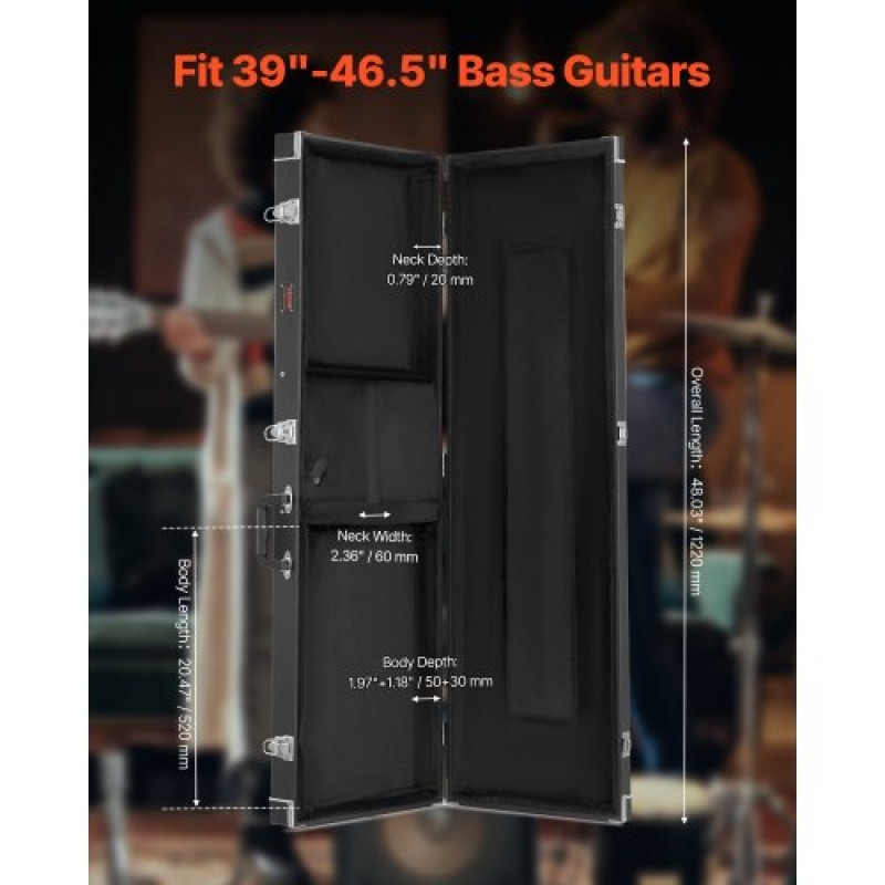 Σκληρή θήκη VEVOR Bass Guitar 122 cm / 48,03 in Αδιάβροχη με κλειδαριά και κλειδί για μπάσο