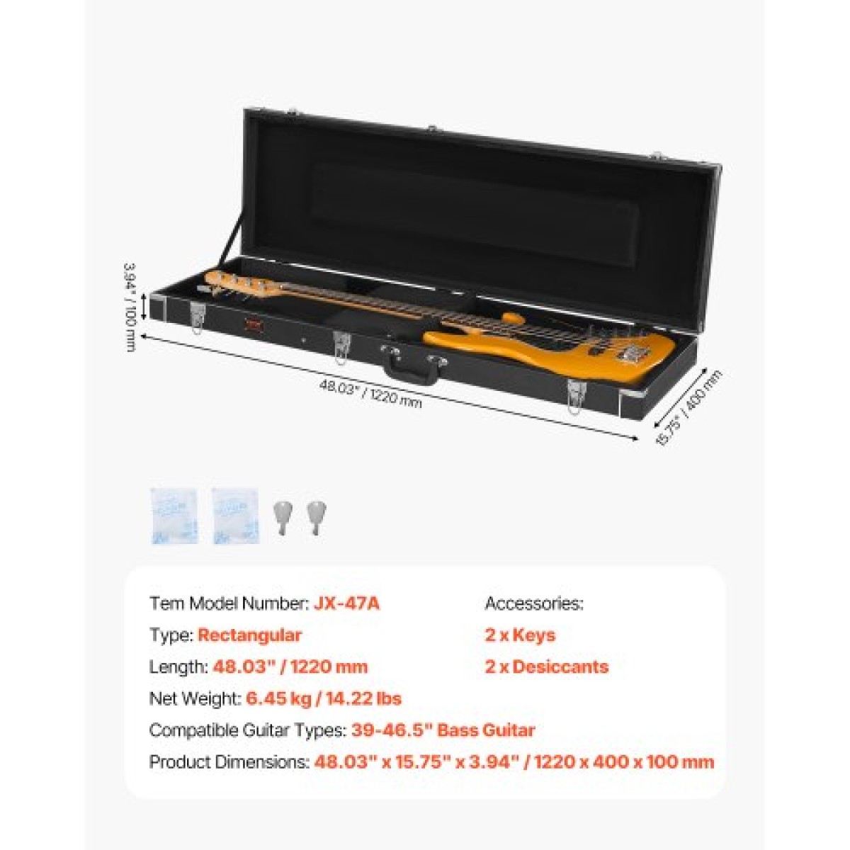 Σκληρή θήκη VEVOR Bass Guitar 122 cm / 48,03 in Αδιάβροχη με κλειδαριά και κλειδί για μπάσο