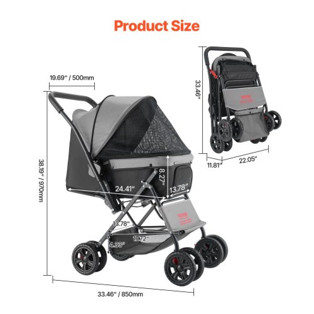 VEVOR Pet Stroller Foldable 4 Wheels Dog Stroller Reversible Handle up to 44lbs