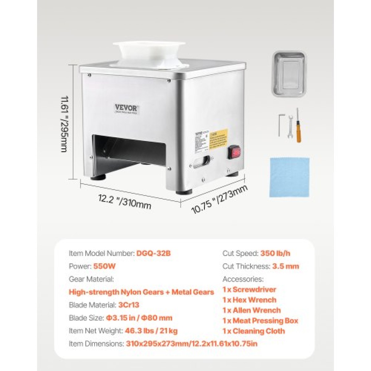 Μηχάνημα κοπής κρέατος VEVOR, Κόφτης κρέατος 550 W, Εμπορική μηχανή κοπής κρέατος 350 lb/h, ανοξείδωτος χάλυβας, πάχους 3,5 mm, Ηλεκτρικός κόφτης φαγητού για οικιακή κουζίνα, εστιατόριο, σούπερ μάρκετ