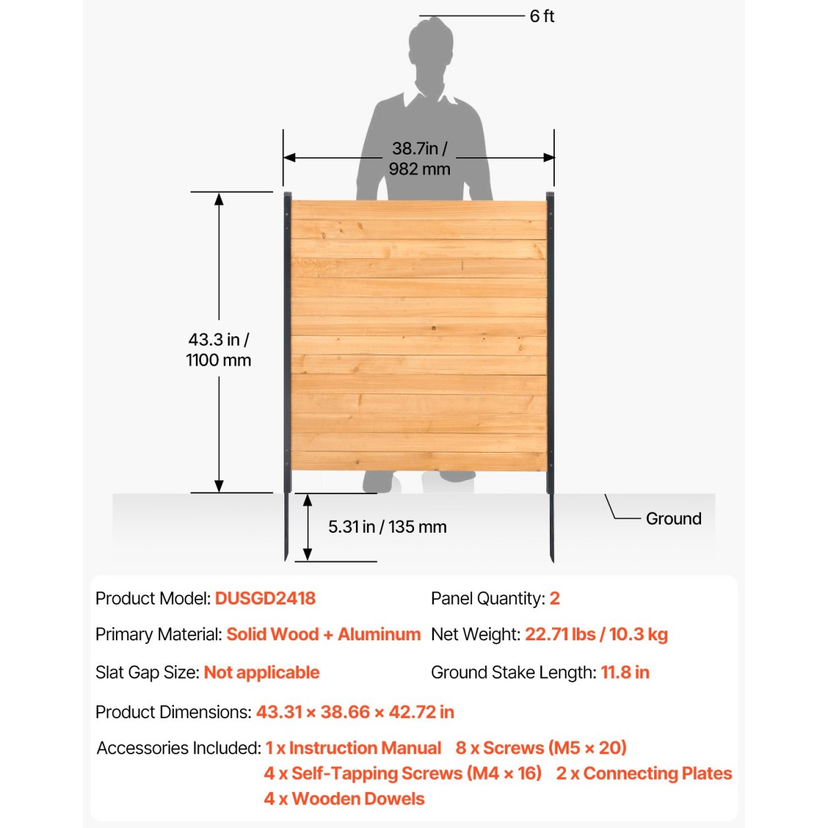VEVOR Wood Privacy Fence, 38" W x 42" L, 2 πάνελ συμπαγής οθόνη φράχτη κλιματιστικού, περίβλημα εξοπλισμού πισίνας με μεταλλικούς πασσάλους, εύκολη εγκατάσταση DIY, Κάδος απορριμμάτων εξωτερικού χώρου για διακόσμηση κήπου