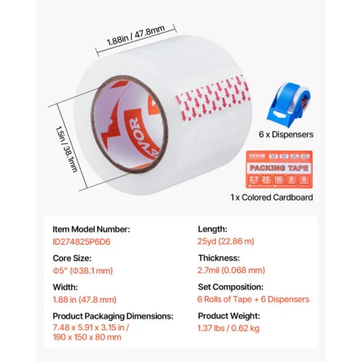 VEVOR Clear Packing Tape, 1,5 ίντσες Core, 6 Rolls 1,88 Inches x 25 Yards Tapepacking with Dispenser, 2,7 Mil Heavy Duty Packaging Tape Σχεδιασμένο για μετακίνηση, αποθήκευση και συσκευασία, αποστολή και αποστολή