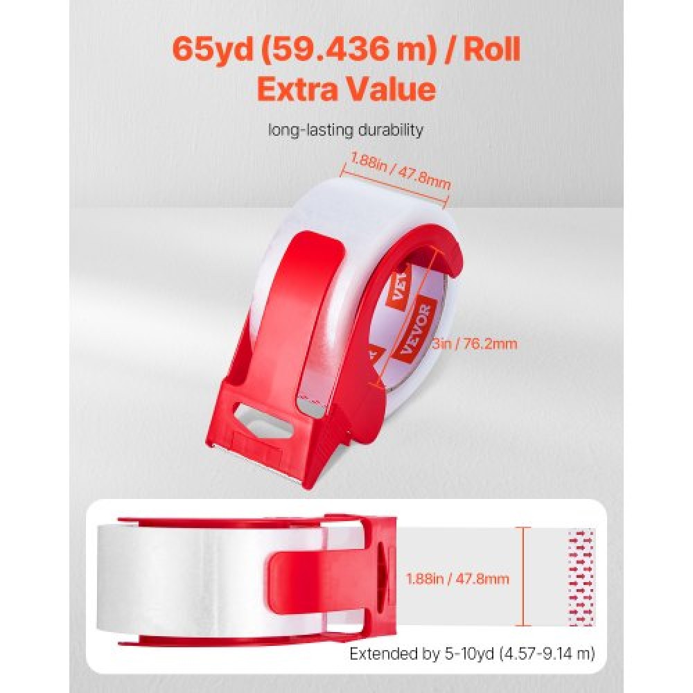 VEVOR Clear Packing Tape, 3 ιντσών Core, 6 Rolls 1,88 Inches x 65 Yards Tapepacking with Dispenser, 2,7 Mil Heavy Duty Packaging Tape Σχεδιασμένη για μετακίνηση, αποθήκευση και συσκευασία, αποστολή και αποστολή