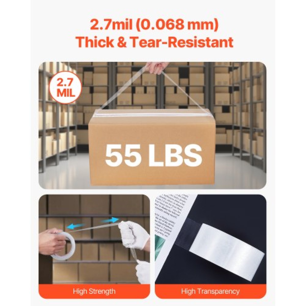 VEVOR Clear Packing Tape, 3 ιντσών Core, 6 Rolls 1,88 Inches x 65 Yards Tapepacking with Dispenser, 2,7 Mil Heavy Duty Packaging Tape Σχεδιασμένη για μετακίνηση, αποθήκευση και συσκευασία, αποστολή και αποστολή