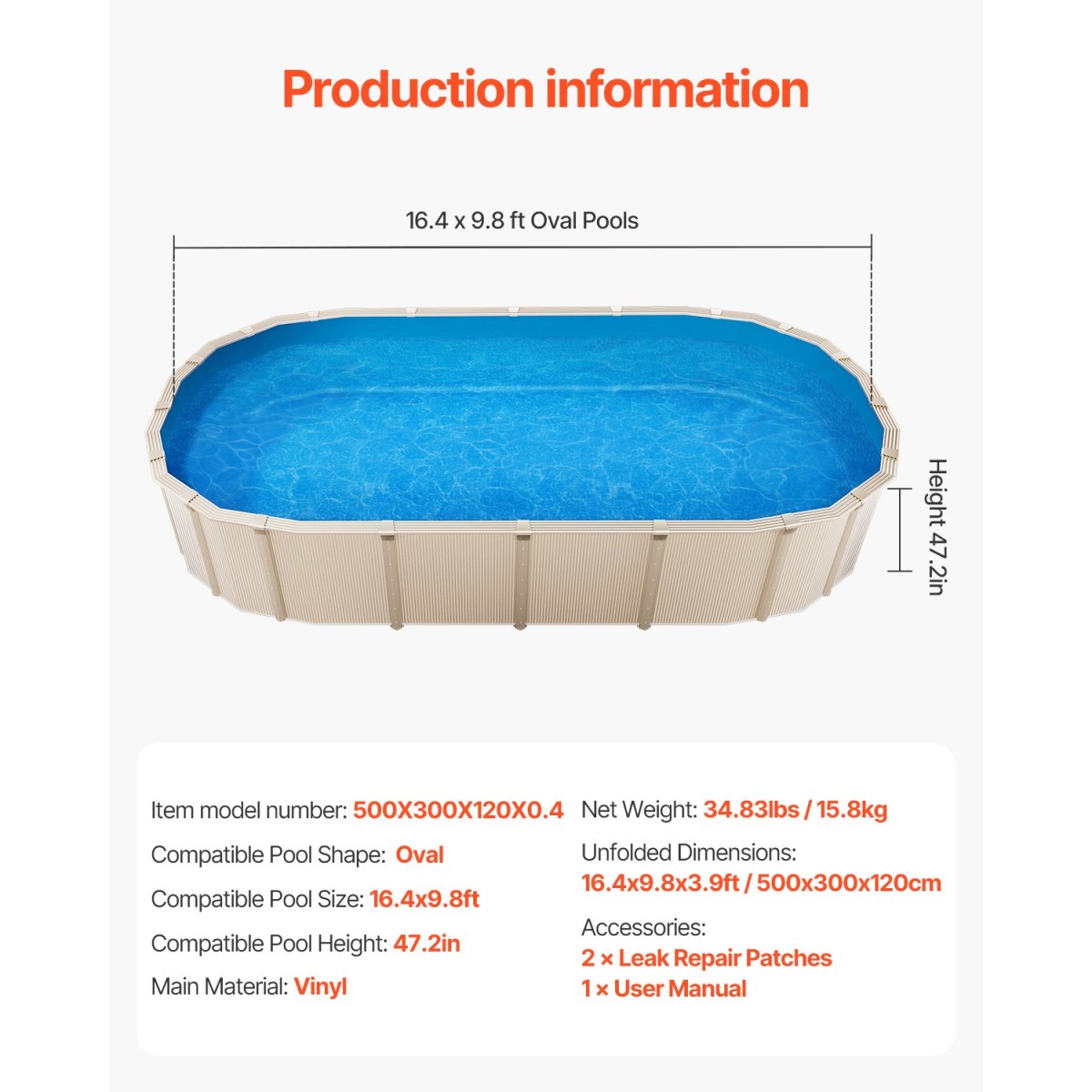 VEVOR Oval Liner Pool, 16,4 x 9,8 ft Pool Liner, Uinbead Style, ανθεκτικό Vinyl Pool Liner, Standard Gauge, Ύψος τοίχου 47 ιντσών, Αντικατάσταση επένδυσης πισίνας για ατσάλινες όψεις πάνω από το έδαφος πισίνες