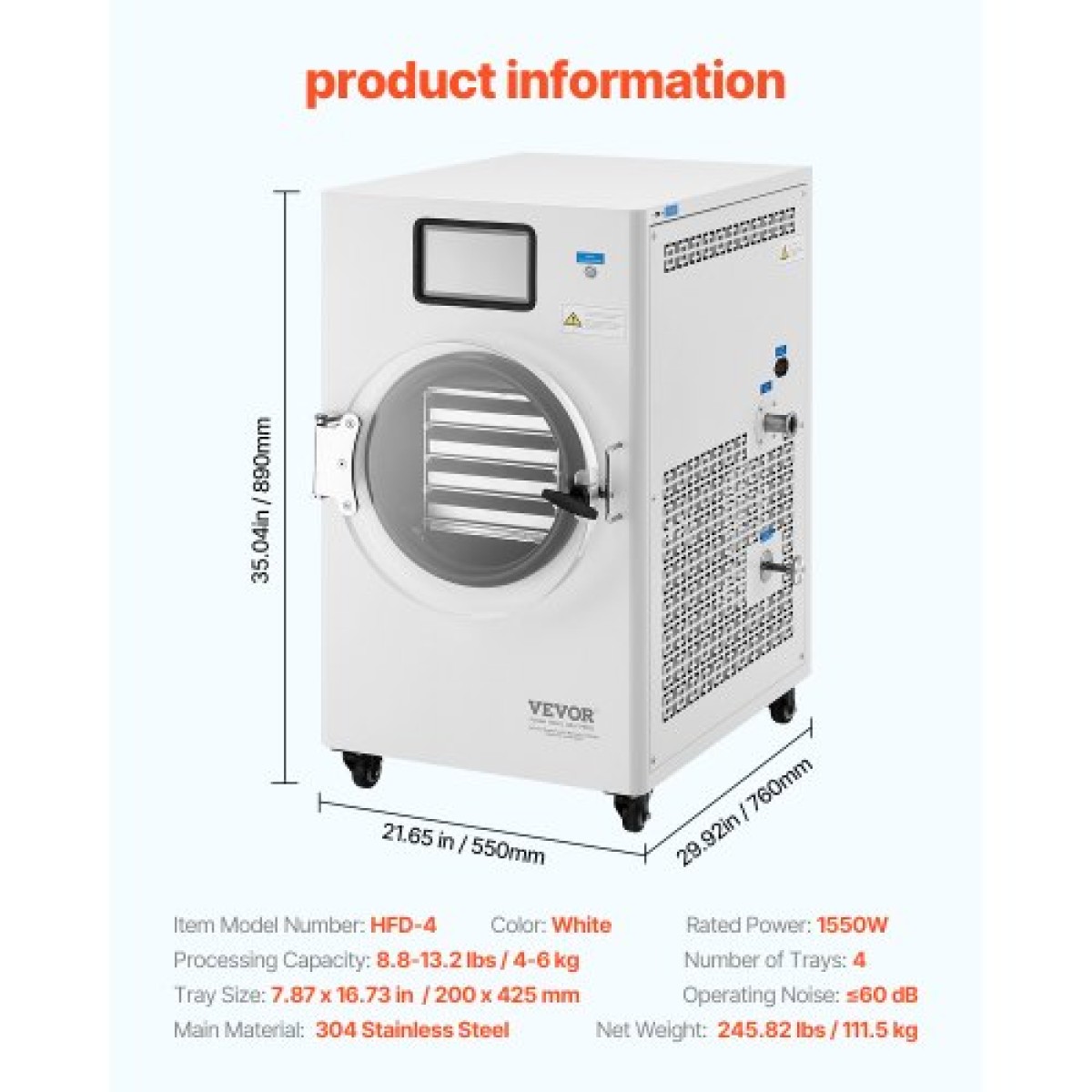 VEVOR Vacuum Freeze Dryer Machine, 8,8-13,2 LBS/Batch Food Freeze Drying Machine με δίσκους 4 στρώσεων, αντλία κενού, ρυθμιζόμενο χρονόμετρο και έλεγχο θερμοκρασίας, για φρούτα λαχανικά κρέας, λευκό