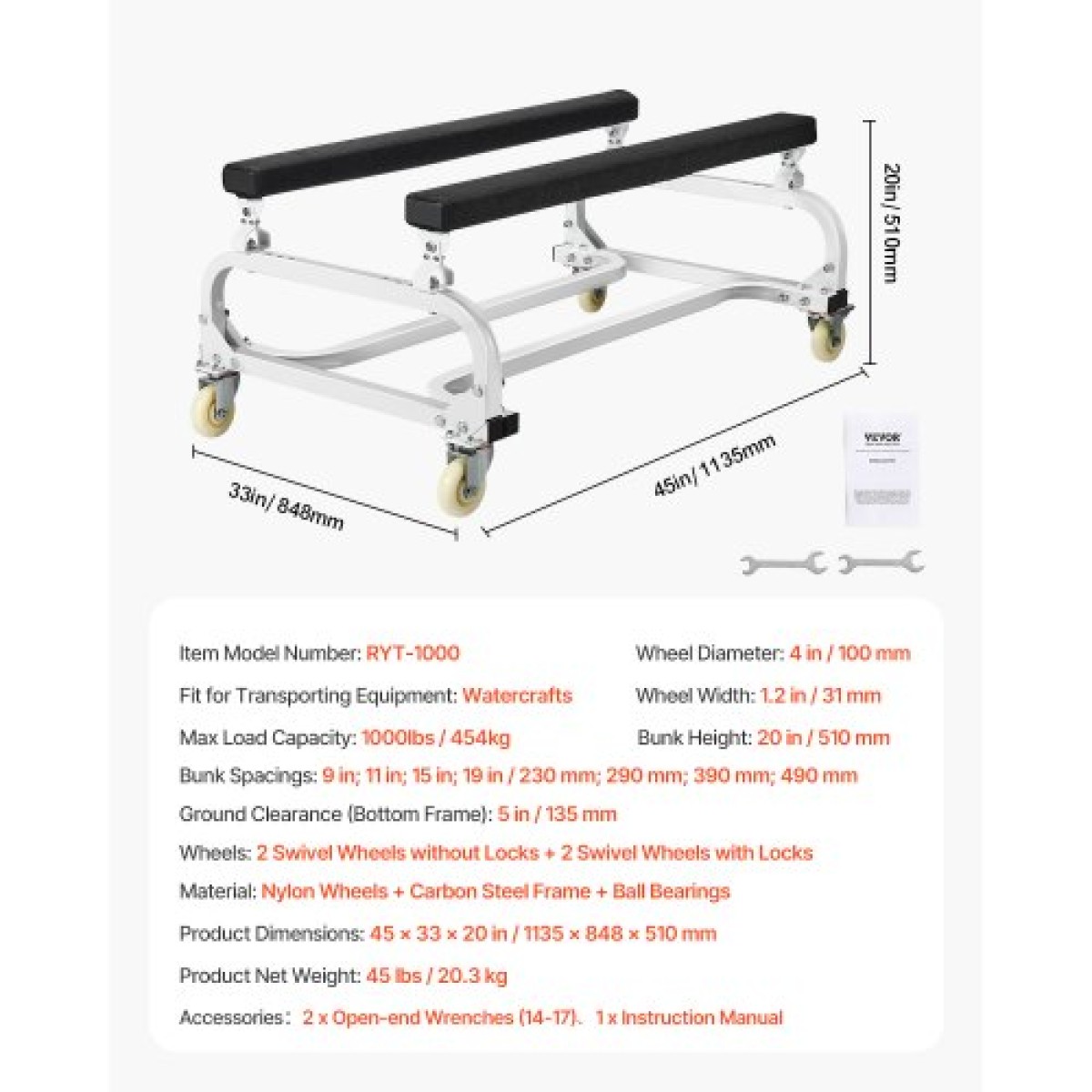 VEVOR Watercraft PWC Dolly, χωρητικότητα φόρτωσης 1000 lbs, τζετ σκι Σταντ PWC για κινούμενα σκάφη, ρυθμιζόμενες κουκέτες με 4 τροχίσκους & 2 φρένα, βαρέως τύπου τζετ σκι για καγιάκ, τζετ σκι, ταχύπλοα