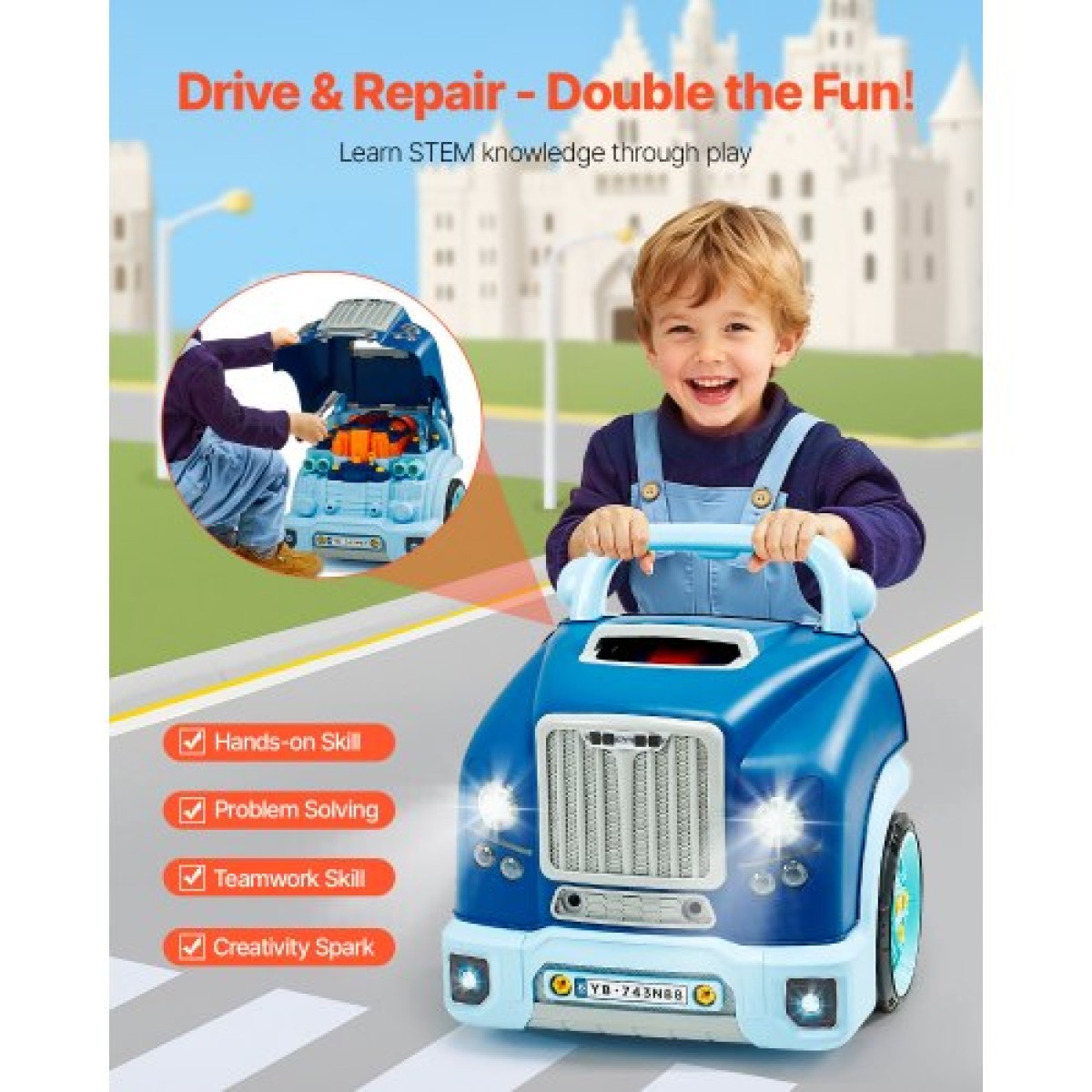 VEVOR Engine Toy, 60 τεμαχίων, Παιδικό σετ επισκευής μηχανικού αυτοκινήτου με αφαιρούμενα εξαρτήματα, φώτα και ήχους, τιμόνι και κόρνα, σετ εργαστηρίου Παιδικό μηχανικό για νήπια 3 ετών και άνω, μπλε