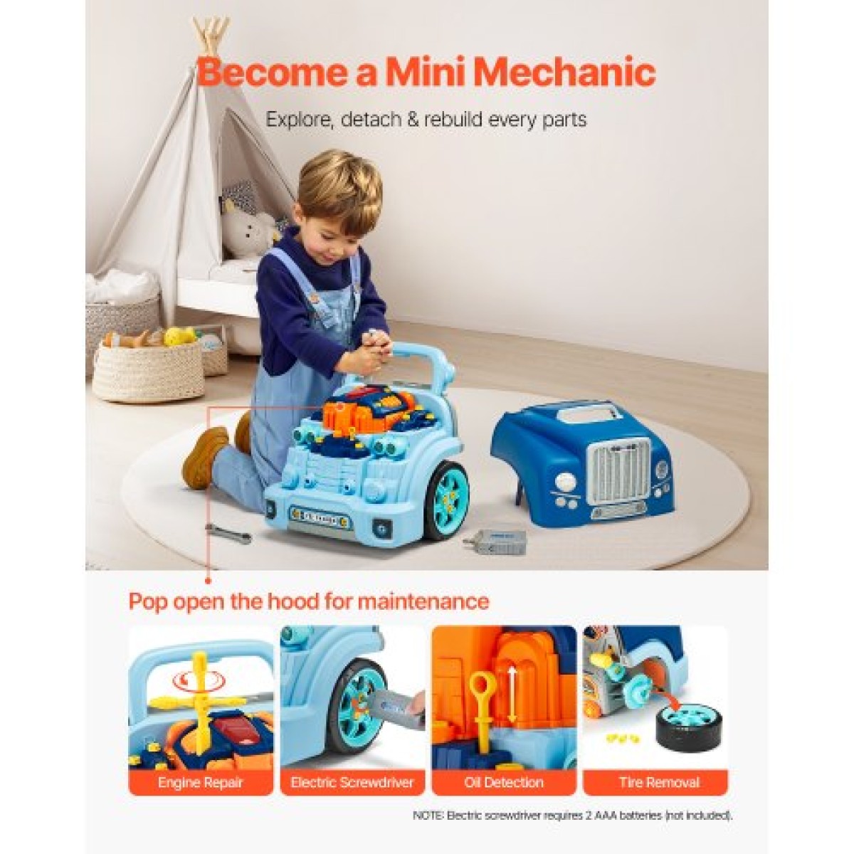 VEVOR Engine Toy, 60 τεμαχίων, Παιδικό σετ επισκευής μηχανικού αυτοκινήτου με αφαιρούμενα εξαρτήματα, φώτα και ήχους, τιμόνι και κόρνα, σετ εργαστηρίου Παιδικό μηχανικό για νήπια 3 ετών και άνω, μπλε