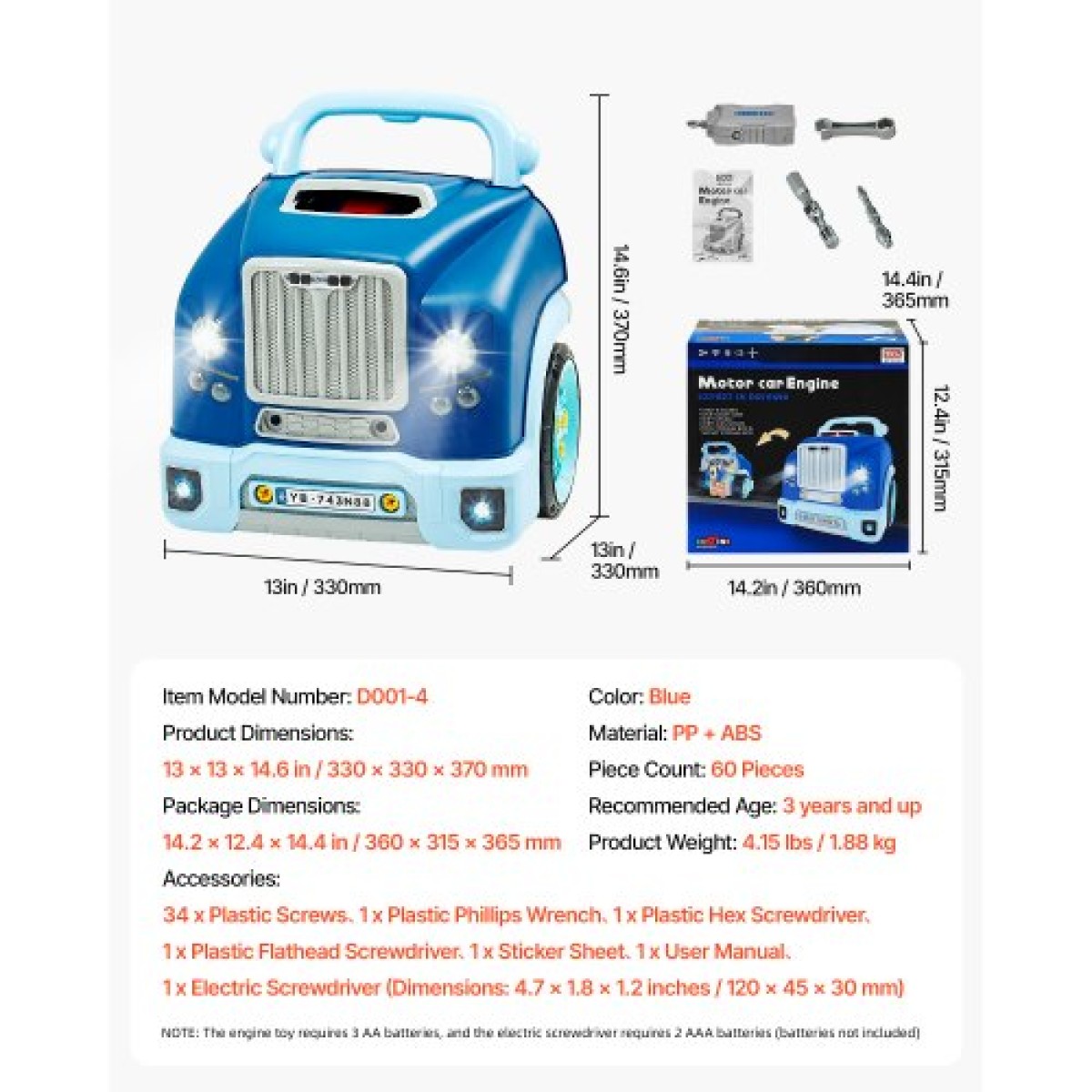 VEVOR Engine Toy, 60 τεμαχίων, Παιδικό σετ επισκευής μηχανικού αυτοκινήτου με αφαιρούμενα εξαρτήματα, φώτα και ήχους, τιμόνι και κόρνα, σετ εργαστηρίου Παιδικό μηχανικό για νήπια 3 ετών και άνω, μπλε