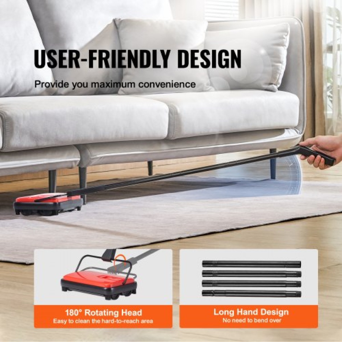 Εγχειρίδιο VEVOR Carpet Sweeper, Sweeper δαπέδου με χωρητικότητα 300 ml Dustbin Capacity, 17 cm πλάτος καθαρισμού για χαλιά οικιακού γραφείου Pet Hair Dust, Red