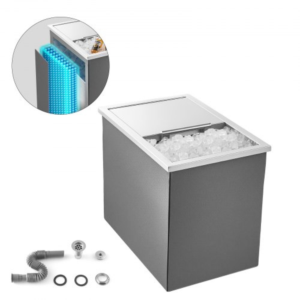 VEVOR Drop in Ice Chest, 18"L x 12"W x 15"H (455 x 305 x 385 mm) Σταγόνα από ανοξείδωτο ατσάλι σε ψυγείο, 27,1L Εμπορικός κάδος πάγου με συρόμενο καπάκι για εξωτερικούς χώρους, Περιλαμβάνεται σετ αποστράγγισης, για κρύο κρασί
