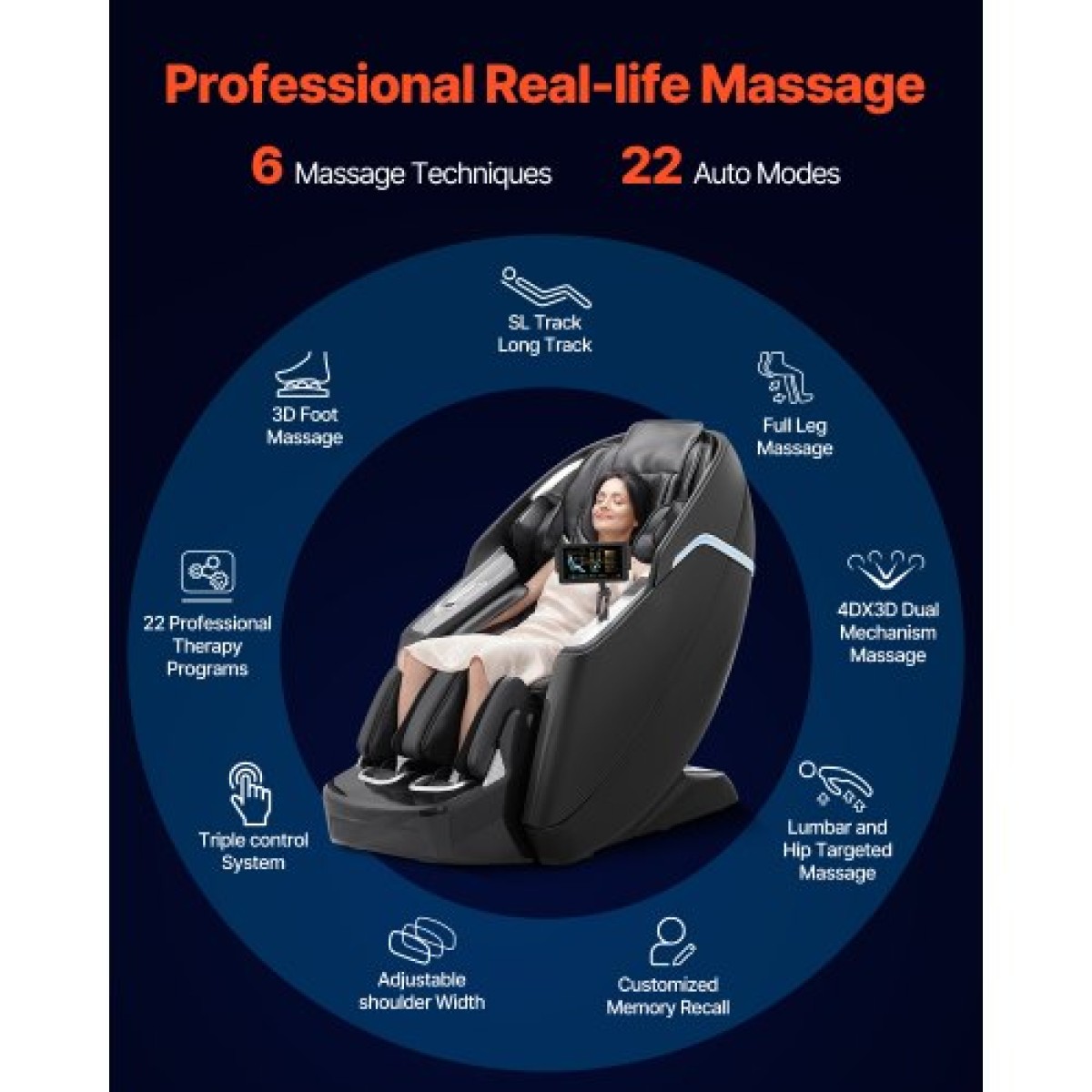 Καρέκλα μασάζ πλήρους σώματος VEVOR Dual-Core 4D+3D, με Extended SL Track, Deep Yoga Stretch, Ηλεκτρικό επεκτάσιμο υποπόδιο, TFT, AI Voice Control, Θερμότητα, Αερόσακοι, Χειριστήρια υποβραχιόνιου, Τροχοί