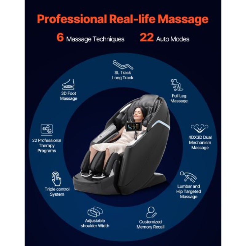 Καρέκλα μασάζ πλήρους σώματος VEVOR Dual-Core 4D+3D, με Extended SL Track, Deep Yoga Stretch, Ηλεκτρικό επεκτάσιμο υποπόδιο, TFT, AI Voice Control, Θερμότητα, Αερόσακοι, Χειριστήρια υποβραχιόνιου, Τροχοί