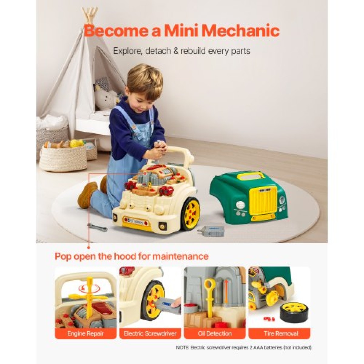 VEVOR Engine Toy, 60 τεμαχίων, Παιδικό σετ επισκευής μηχανικού αυτοκινήτου με αφαιρούμενα εξαρτήματα, φώτα και ήχους, τιμόνι και κόρνα, σετ εργαστηρίου Παιδικό μηχανικό για νήπια 3 ετών και άνω, πράσινο