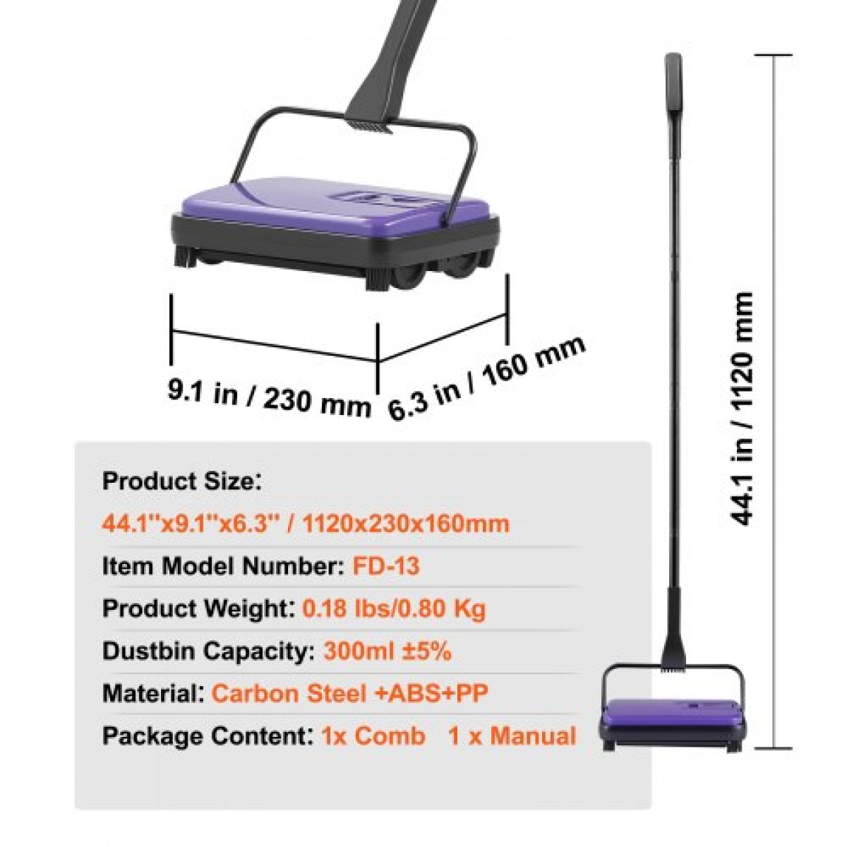 Εγχειρίδιο VEVOR Carpet Sweeper, Sweeper δαπέδου με χωρητικότητα 300 ml Dustbin Capacity, 17 cm inch Πλάτος καθαρισμού για χαλιά οικιακού γραφείου Pet Hair Dust, Pet