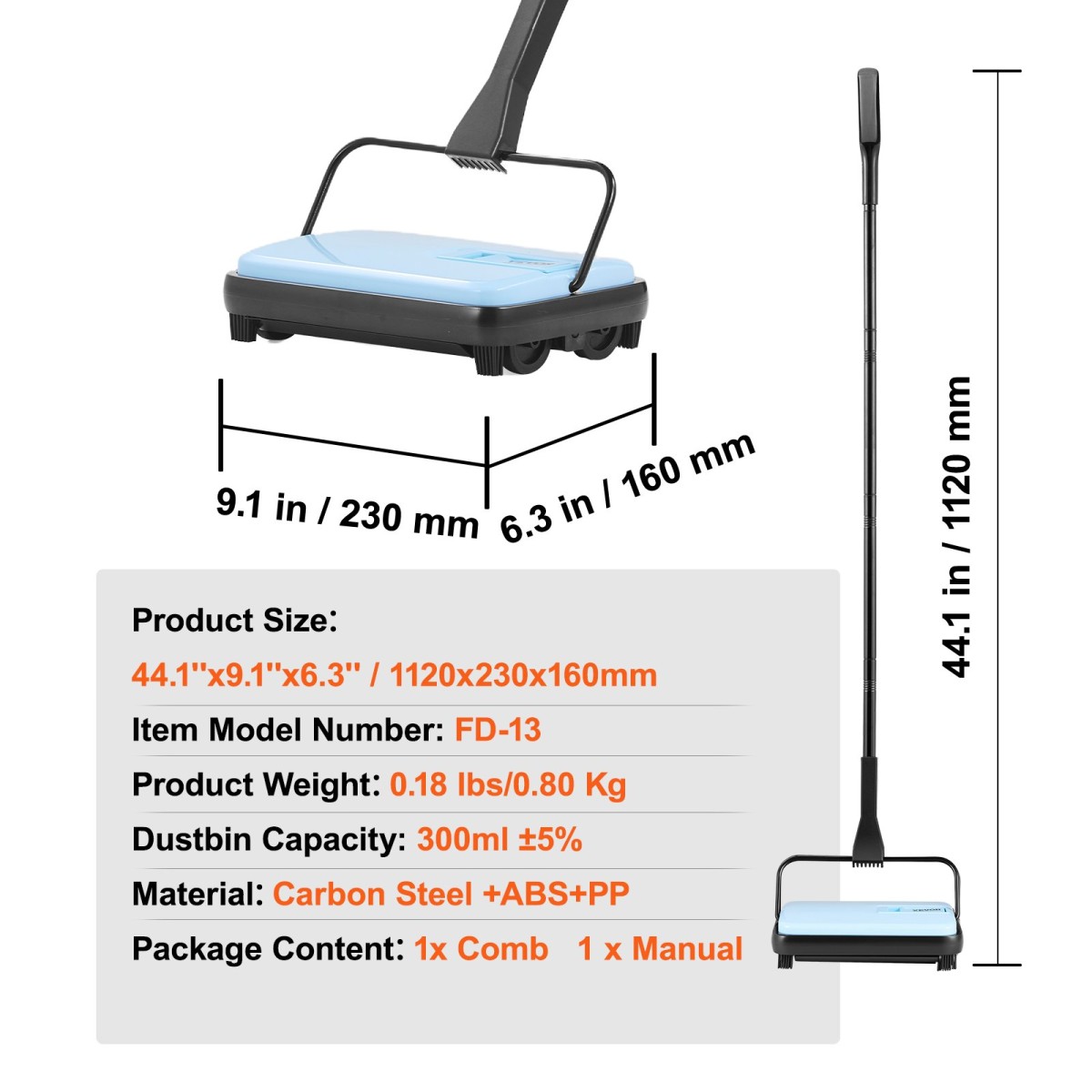 Εγχειρίδιο VEVOR Carpet Sweeper, Σάρωθρο δαπέδου με χωρητικότητα 300 ml σκουπιδοτενεκέ Εύκολα στο άδειασμα, 17 cm πλάτος καθαρισμού για χαλιά οικιακού γραφείου Pet Hair Dust, μπλε