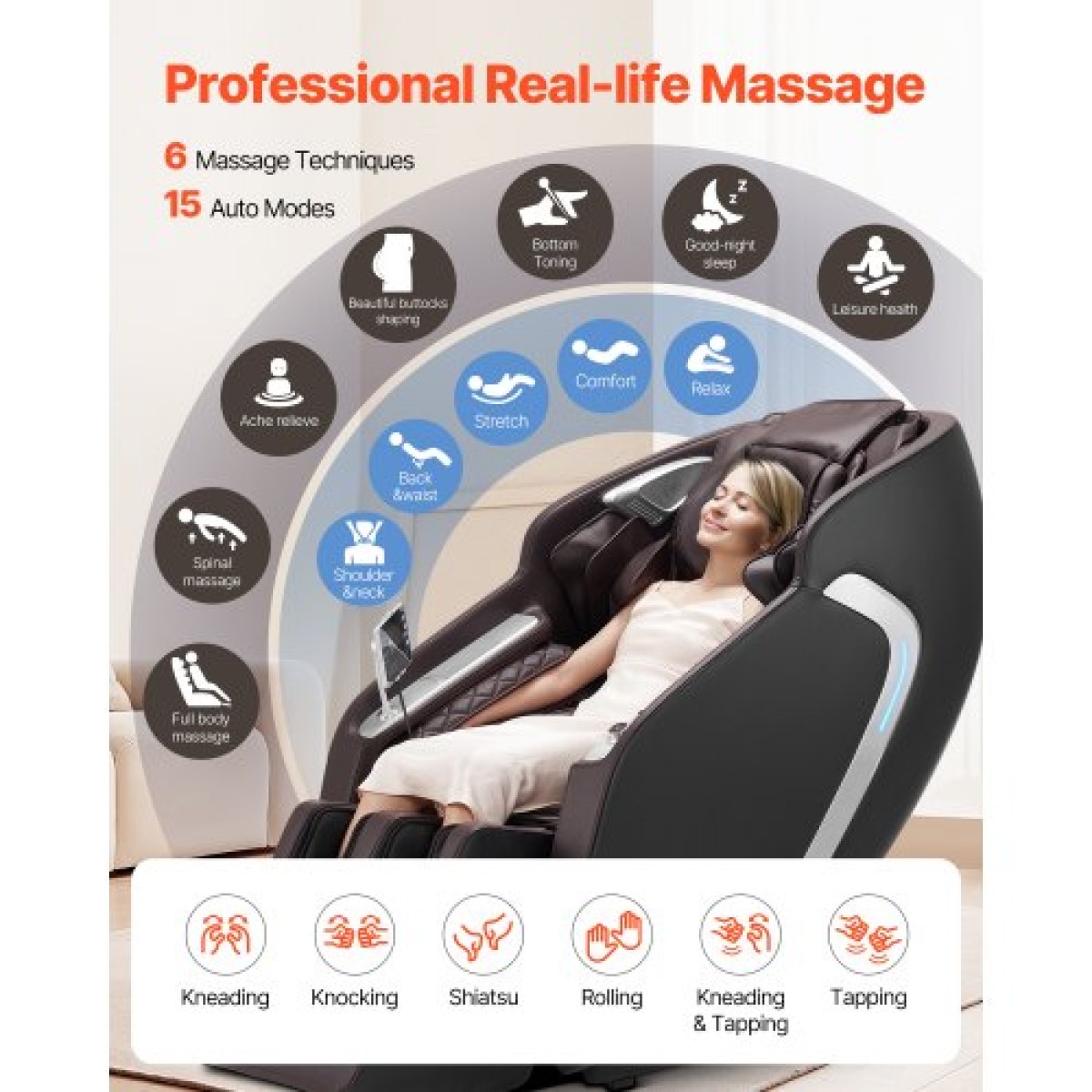 Καρέκλα μασάζ VEVOR, 4D Full Body Zero Gravity Recliner με SL Track, Yoga Stretch, AI Voice Control, Heat, Foot Roller, Retractable Pedal, 36 Airbags, LCD, χειριστήρια υποβραχιόνιου, Rolling Base