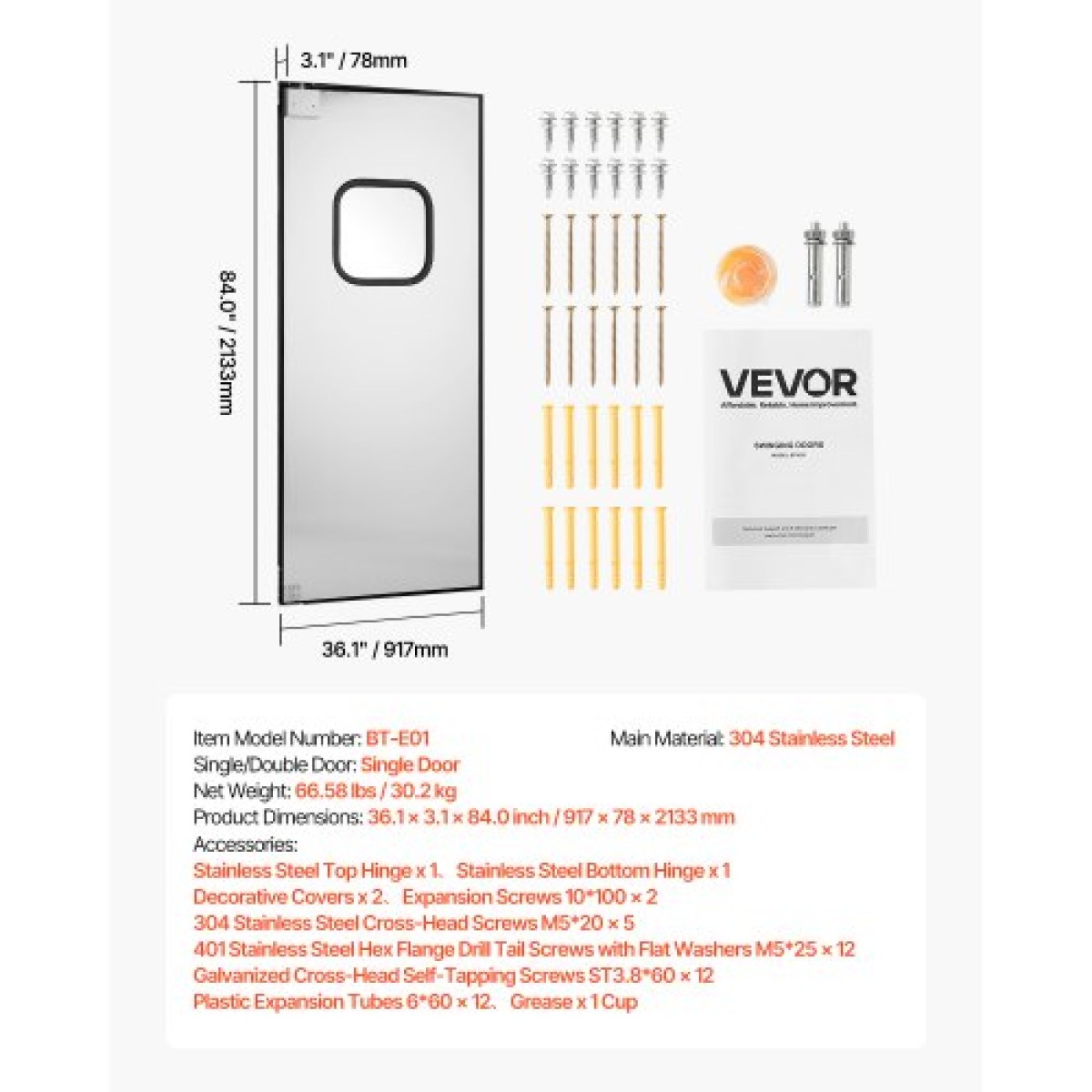 VEVOR Traffic Swing Door, Single Panel Futs Door Opening 91,4 x 213,4 cm, Ανοξείδωτες Επαγγελματικές Πόρτες με Σιδέρωμα & Αξεσουάρ, Ιδανικές για Οικιακή Χρήση, Ανθεκτικές & Εύκολες στην Τοποθέτησή τους