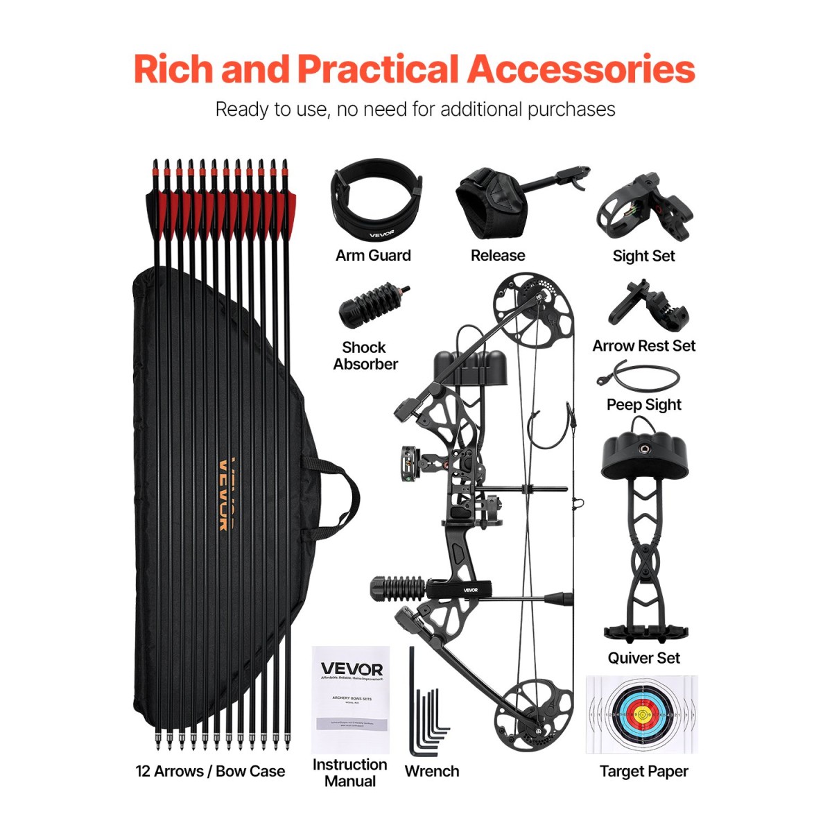 VEVOR Compound Bow Archery, Ρυθμιζόμενο 19-30 in Draw Length Compound Bow Package for Beginner, 19-70 Lbs Draw Weight Archery Bows and Arrow, Kit Right Hand with Hunting Equipment, 320 fps, Μαύρο