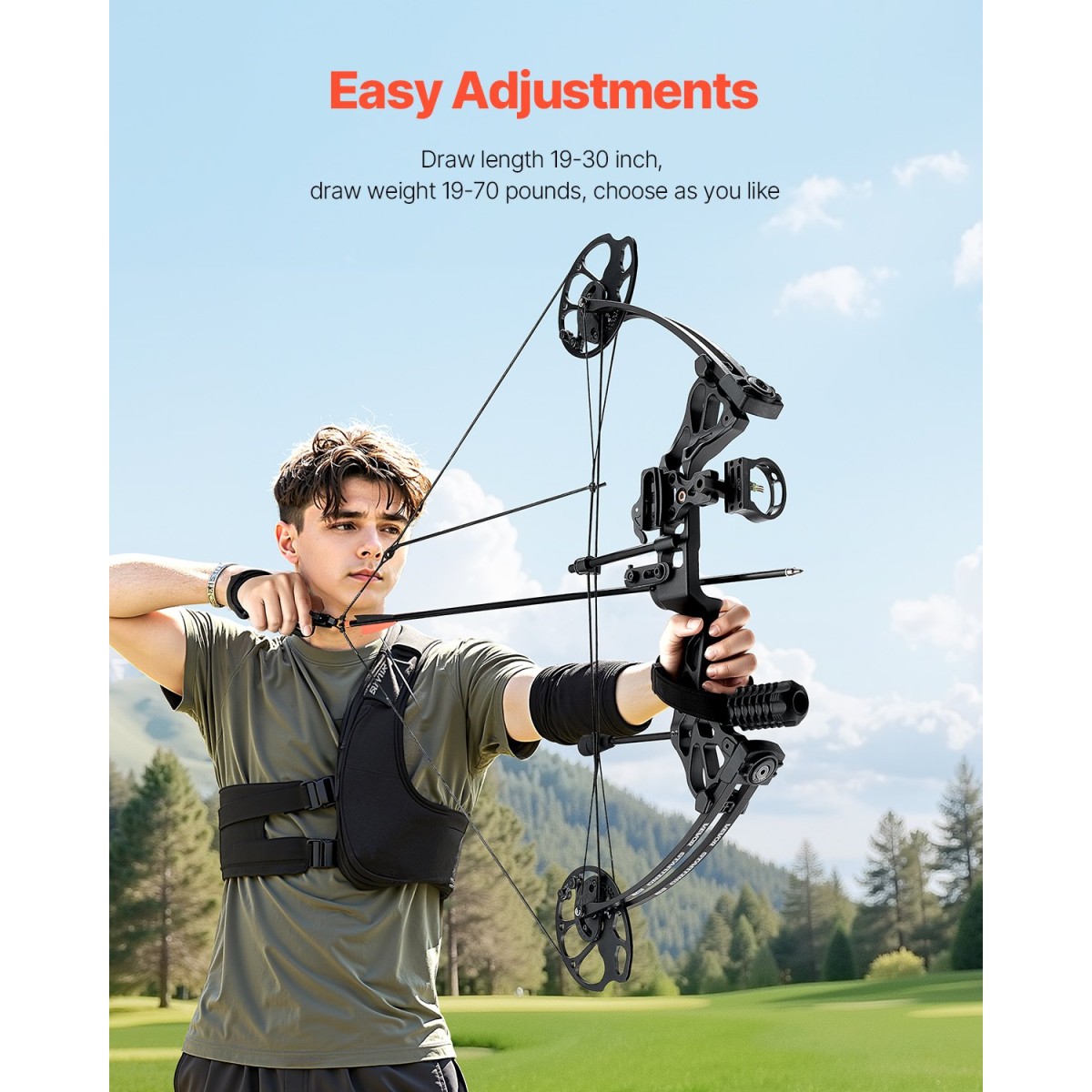VEVOR Compound Bow Archery, Ρυθμιζόμενο 19-30 in Draw Length Compound Bow Package for Beginner, 19-70 Lbs Draw Weight Archery Bows and Arrow, Kit Right Hand with Hunting Equipment, 320 fps, Μαύρο