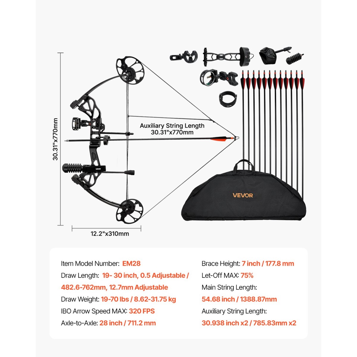 VEVOR Compound Bow Archery, Ρυθμιζόμενο 19-30 in Draw Length Compound Bow Package for Beginner, 19-70 Lbs Draw Weight Archery Bows and Arrow, Kit Right Hand with Hunting Equipment, 320 fps, Μαύρο