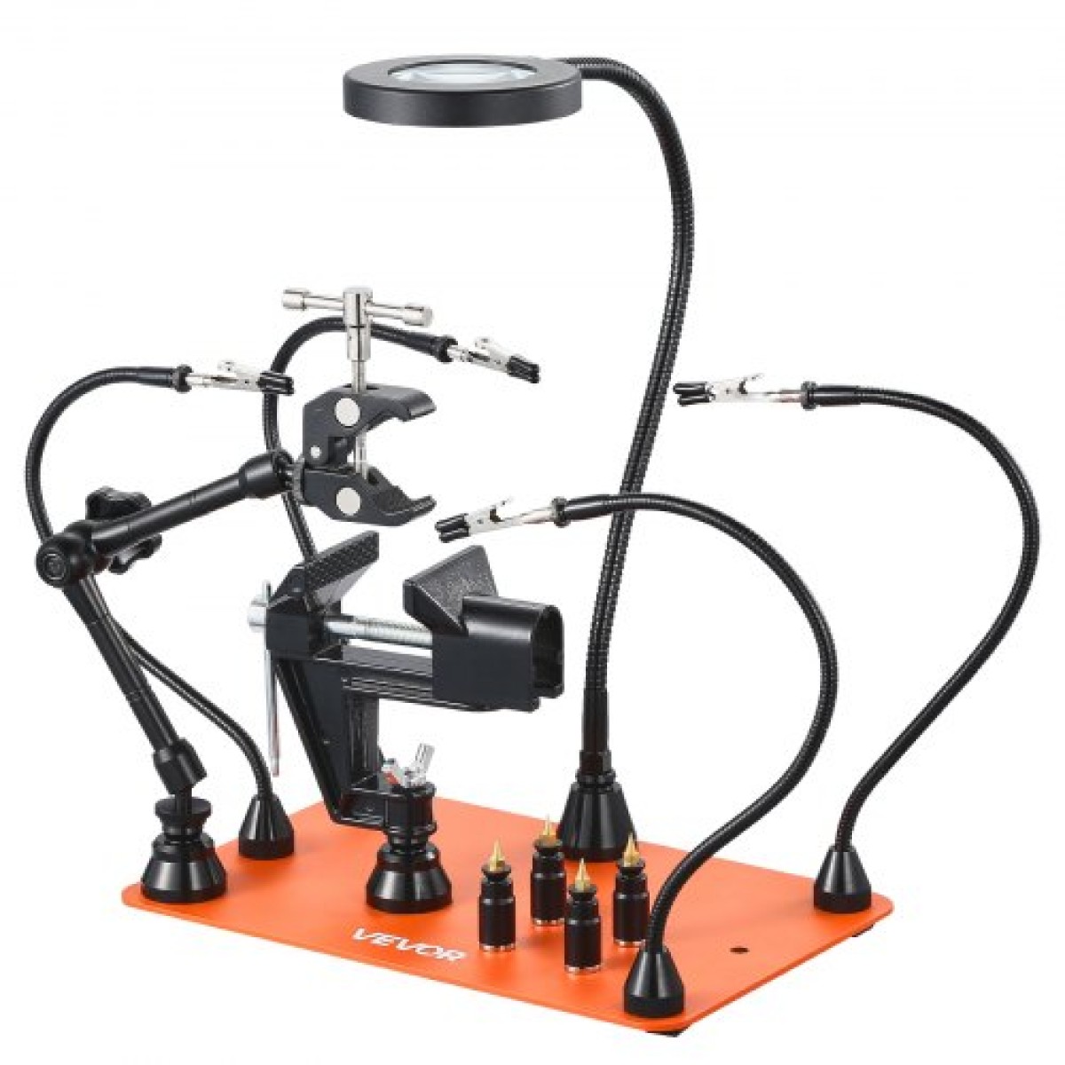 Σταθμός συγκόλλησης VEVOR Magnetic Helping Hands, 4 Arms Third Hand Tool, με μέγγενη, 3X LED μεγεθυντικός λαμπτήρας, 4 θήκη PCB & 360 Hot Air Gun Holder, Soldering Helper for Electronic Repair Craft Hobby DIY