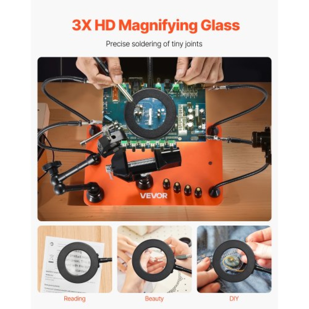 Σταθμός συγκόλλησης VEVOR Magnetic Helping Hands, 4 Arms Third Hand Tool, με μέγγενη, 3X LED μεγεθυντικός λαμπτήρας, 4 θήκη PCB & 360 Hot Air Gun Holder, Soldering Helper for Electronic Repair Craft Hobby DIY