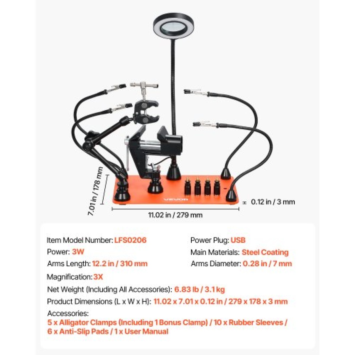 Σταθμός συγκόλλησης VEVOR Magnetic Helping Hands, 4 Arms Third Hand Tool, με μέγγενη, 3X LED μεγεθυντικός λαμπτήρας, 4 θήκη PCB & 360 Hot Air Gun Holder, Soldering Helper for Electronic Repair Craft Hobby DIY