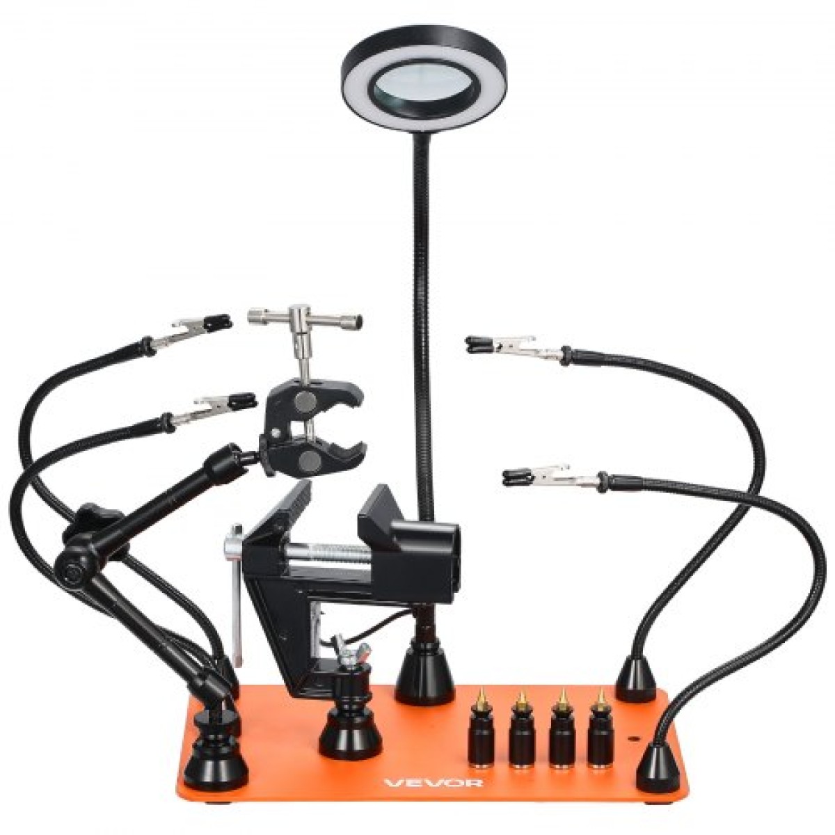 Σταθμός συγκόλλησης VEVOR Magnetic Helping Hands, 4 Arms Third Hand Tool, με μέγγενη, 3X LED μεγεθυντικός λαμπτήρας, 4 θήκη PCB & 360 Hot Air Gun Holder, Soldering Helper for Electronic Repair Craft Hobby DIY