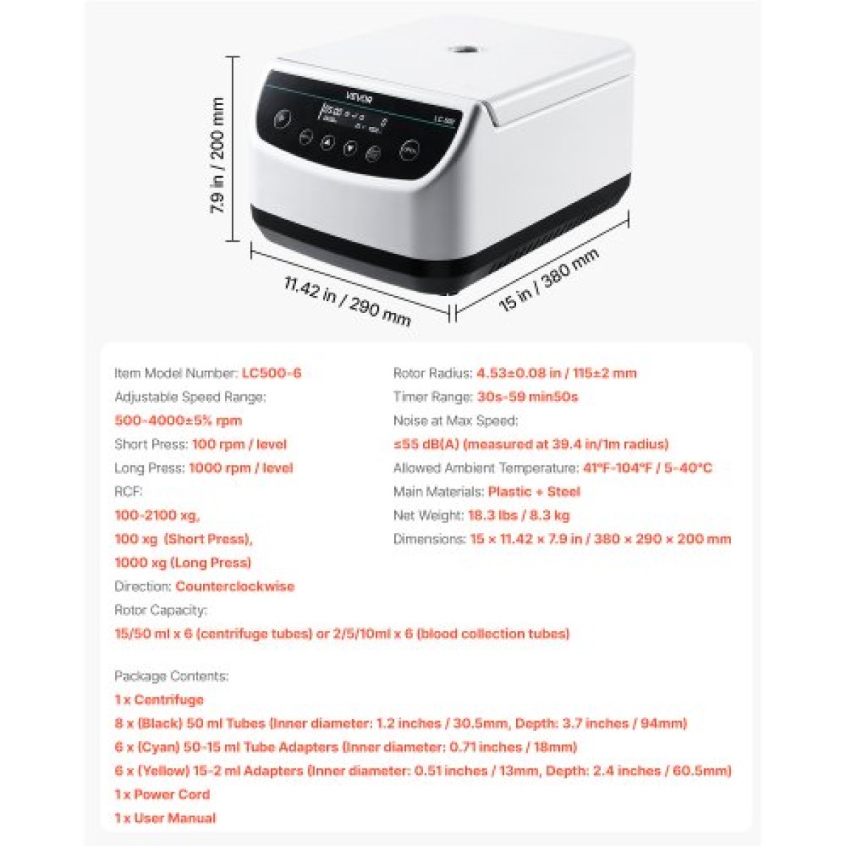 Φυγοκεντρική μηχανή VEVOR, 100-2100xg RCF Electric Laboratory φυγοκεντρική μηχανή με 1 ρότορα για χωρητικότητα σωλήνα 2/5/10/15/50ml, χαμηλή ταχύτητα 500-4000 rpm με χρονοδιακόπτη, ευρέως χρησιμοποιούμενη σε διάφορα πειράματα