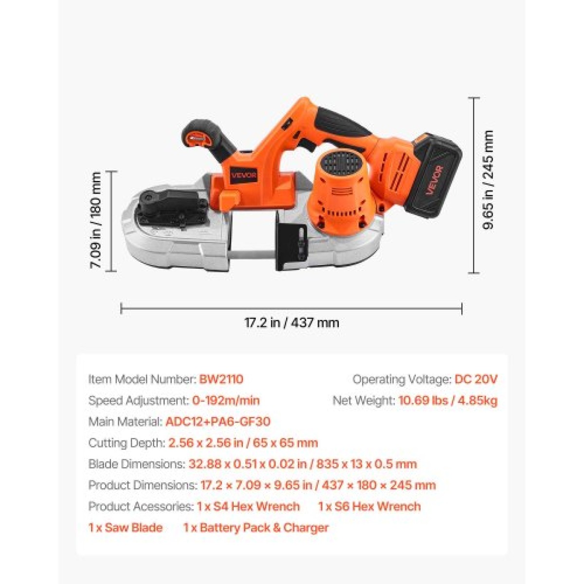 Κιτ φορητού πριονιού VEVOR 20V, Βάθος κοπής 65 x 65 mm, AC 220V, 360W πριονοκορδέλα με κινητήρα χωρίς ψήκτρες, μπαταρία 4,0 Ah, ασύρματο και συμπαγές Portaband, Μεταβλητή ταχύτητα 0-192 m/min, για κοπή μετάλλων, ξύλου