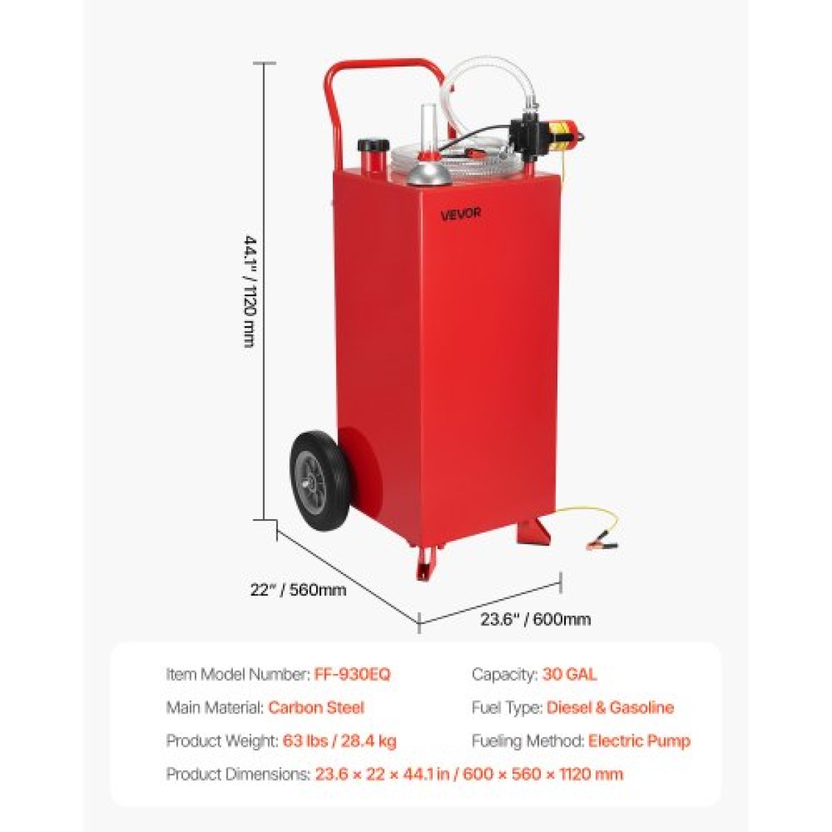 VEVOR 30 Gallon Fuel Caddy, Max Flow 32 L/min, Benzin & Diesel Fuel Tank with Electric Pump, Φορητό δοχείο αποθήκευσης καυσίμου με 2 τροχούς & σωλήνας 10 ft, Gas Caddy για ATV Car Mowers Boat Motorcycle