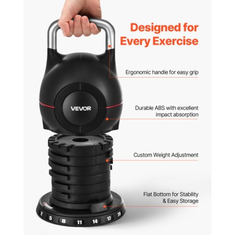 VEVOR Kettlebell, Ρυθμιζόμενο Kettlebell με 7 Επίπεδα Βάρους (2, 5, 8, 11, 14, 17, 20 kg), χυτό αλουμίνιο και ανθεκτικό υλικό ABS, για προπόνηση δύναμης λαβής, προπόνηση σε όλο το σώμα και cross-training