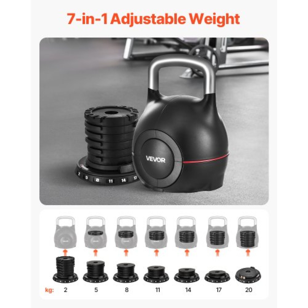 VEVOR Kettlebell, Ρυθμιζόμενο Kettlebell με 7 Επίπεδα Βάρους (2, 5, 8, 11, 14, 17, 20 kg), χυτό αλουμίνιο και ανθεκτικό υλικό ABS, για προπόνηση δύναμης λαβής, προπόνηση σε όλο το σώμα και cross-training