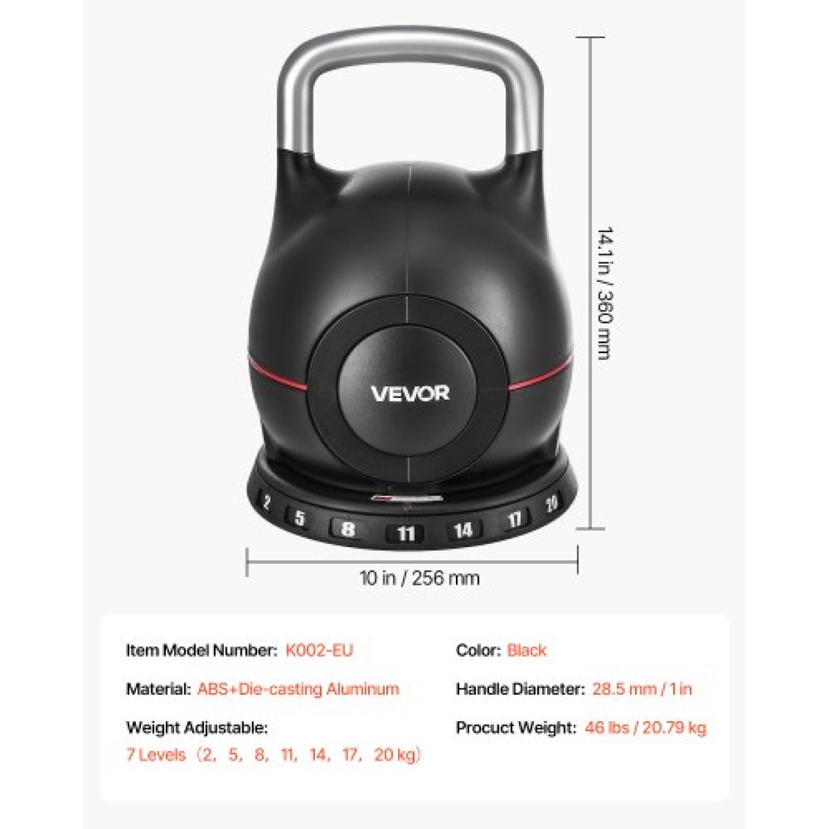 VEVOR Kettlebell, Ρυθμιζόμενο Kettlebell με 7 Επίπεδα Βάρους (2, 5, 8, 11, 14, 17, 20 kg), χυτό αλουμίνιο και ανθεκτικό υλικό ABS, για προπόνηση δύναμης λαβής, προπόνηση σε όλο το σώμα και cross-training