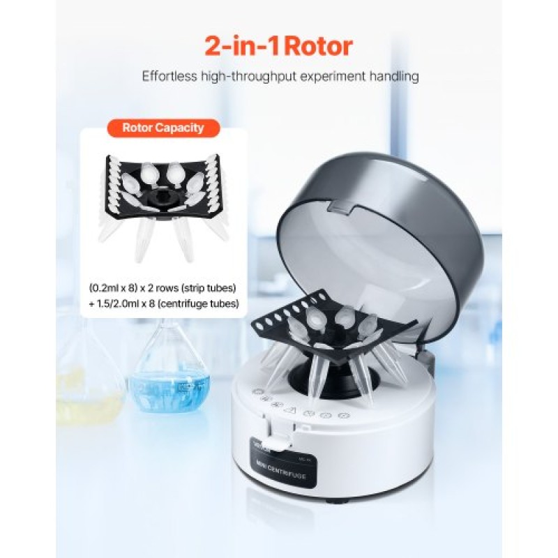 VEVOR Mini Centrifuge Machine, 3013xg RCF Electric Laboratory Centrifuge Machine with 2-in-1 Rotor for 0,2/1,5/2ml Tube Capacity, Fixed Speed ​​7000r/min, Low Noise, ευρέως χρησιμοποιούμενο σε διάφορα πειράματα