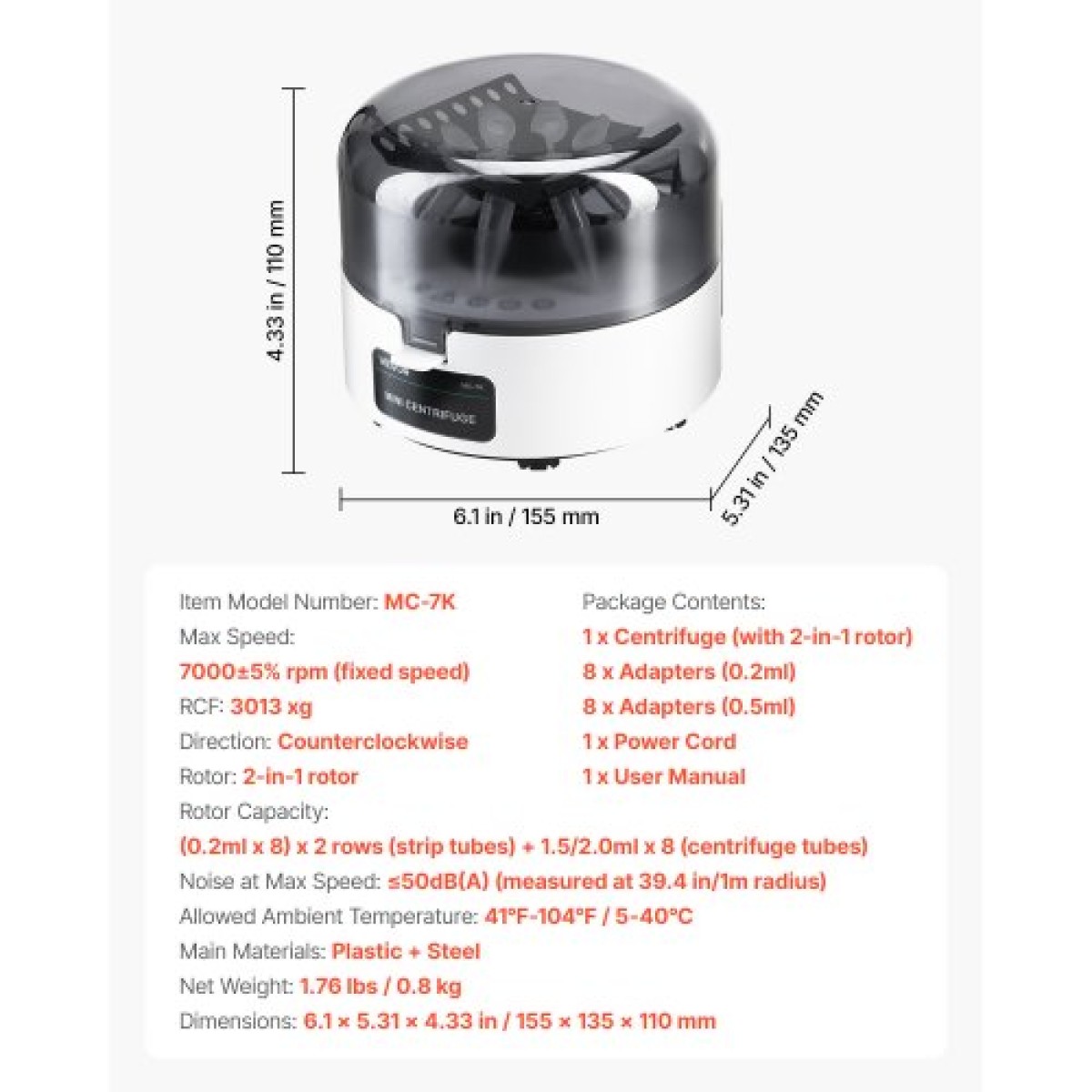 VEVOR Mini Centrifuge Machine, 3013xg RCF Electric Laboratory Centrifuge Machine with 2-in-1 Rotor for 0,2/1,5/2ml Tube Capacity, Fixed Speed ​​7000r/min, Low Noise, ευρέως χρησιμοποιούμενο σε διάφορα πειράματα