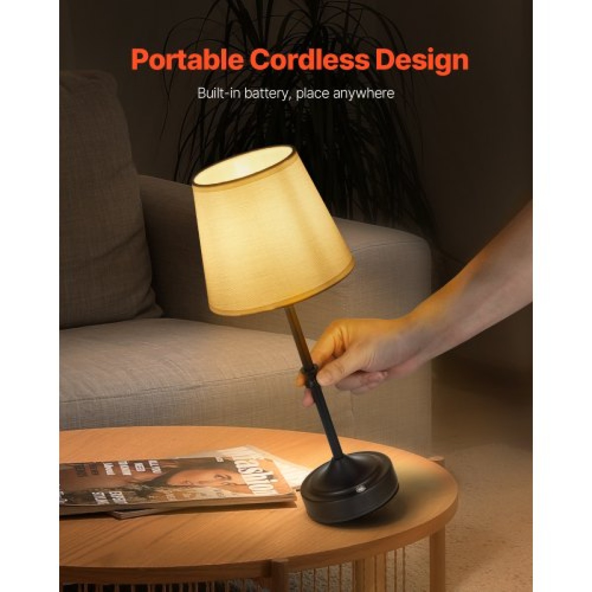 Επιτραπέζιο φωτιστικό VEVOR Cordless, 5200mAh Ενσωματωμένο Επιτραπέζιο Φωτιστικό με Επαναφορτιζόμενη Μπαταρία, Φωτεινότητα 3 επιπέδων, Υφασμάτινη Απόχρωση, Θερμοκρασία χρώματος 2700-3000K, Επιτραπέζιο Φωτιστικό για Εστιατόριο, Υπνοδωμάτιο, Πάγκος μπαρ, Μα
