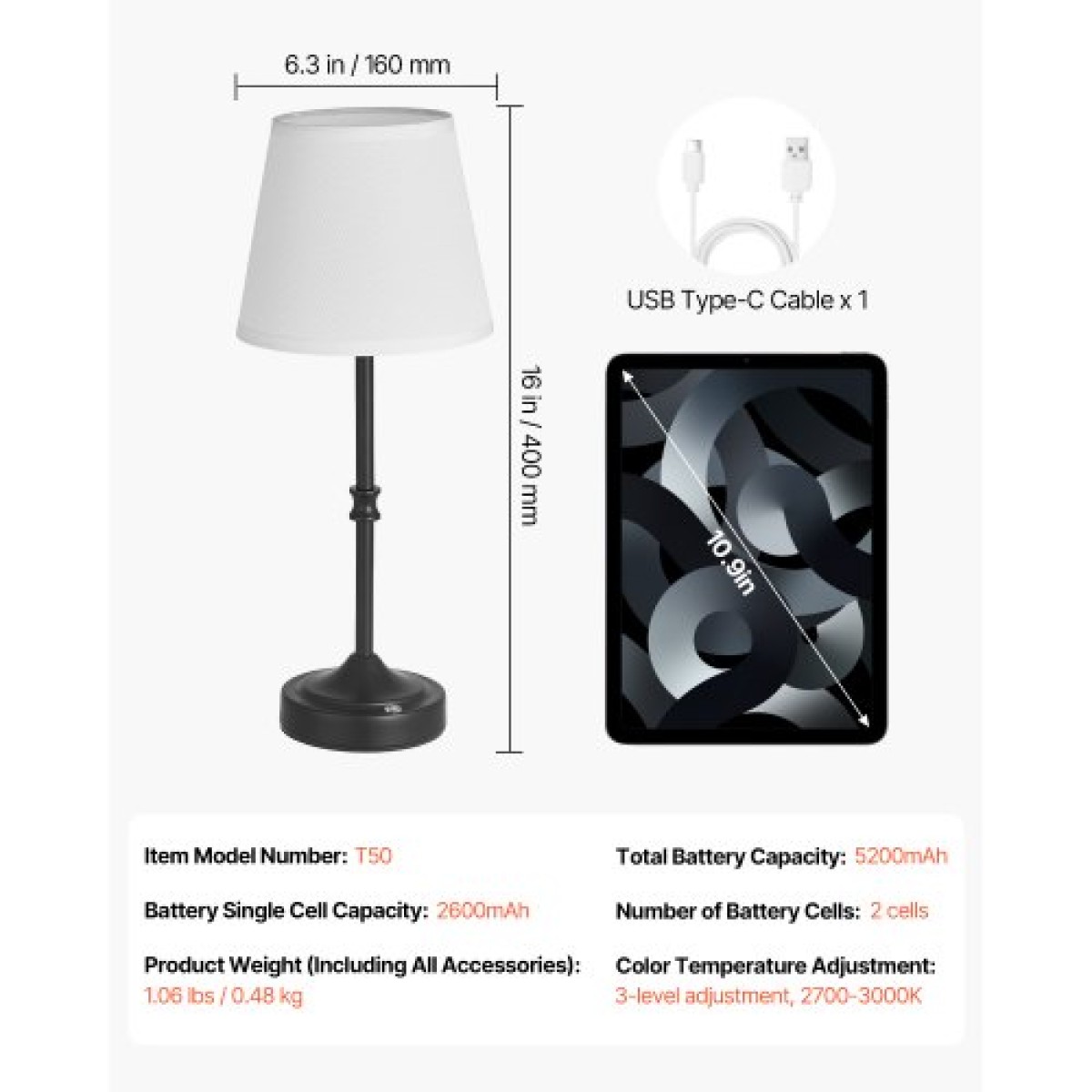 Επιτραπέζιο φωτιστικό VEVOR Cordless, 5200mAh Ενσωματωμένο Επιτραπέζιο Φωτιστικό με Επαναφορτιζόμενη Μπαταρία, Φωτεινότητα 3 επιπέδων, Υφασμάτινη Απόχρωση, Θερμοκρασία χρώματος 2700-3000K, Επιτραπέζιο Φωτιστικό για Εστιατόριο, Υπνοδωμάτιο, Πάγκος μπαρ, Μα