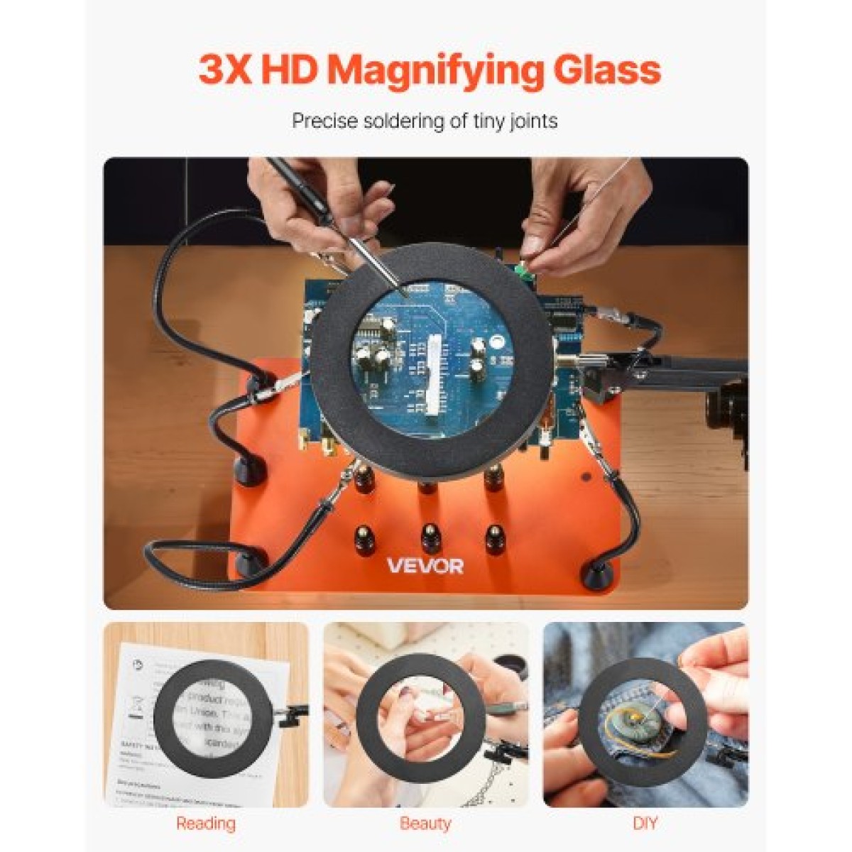 VEVOR Magnetic Helping Hands Soldering Station, 2-in-1 Third Hand Soldering Tool - 3X LED μεγεθυντικός λαμπτήρας & 5 εύκαμπτοι βραχίονες, 6 θήκες PCB, σταθμός βάσης βαρέως τύπου για ηλεκτρονικά επισκευή χειροτεχνίας