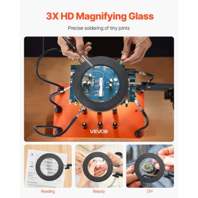 VEVOR Magnetic Helping Hands Soldering Station, 2-in-1 Third Hand Soldering Tool - 3X LED μεγεθυντικός λαμπτήρας & 5 εύκαμπτοι βραχίονες, 6 θήκες PCB, σταθμός βάσης βαρέως τύπου για ηλεκτρονικά επισκευή χειροτεχνίας