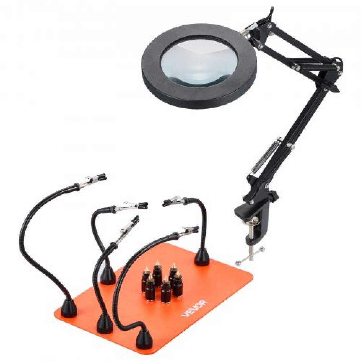 VEVOR Magnetic Helping Hands Soldering Station, 2-in-1 Third Hand Soldering Tool - 3X LED μεγεθυντικός λαμπτήρας & 5 εύκαμπτοι βραχίονες, 6 θήκες PCB, σταθμός βάσης βαρέως τύπου για ηλεκτρονικά επισκευή χειροτεχνίας