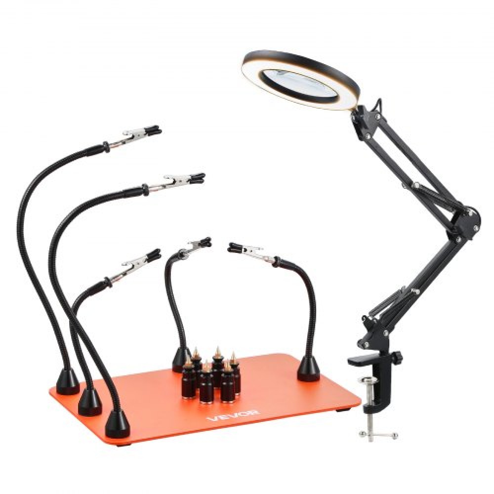 VEVOR Magnetic Helping Hands Soldering Station, 2-in-1 Third Hand Soldering Tool - 3X LED μεγεθυντικός λαμπτήρας & 5 εύκαμπτοι βραχίονες, 6 θήκες PCB, σταθμός βάσης βαρέως τύπου για ηλεκτρονικά επισκευή χειροτεχνίας