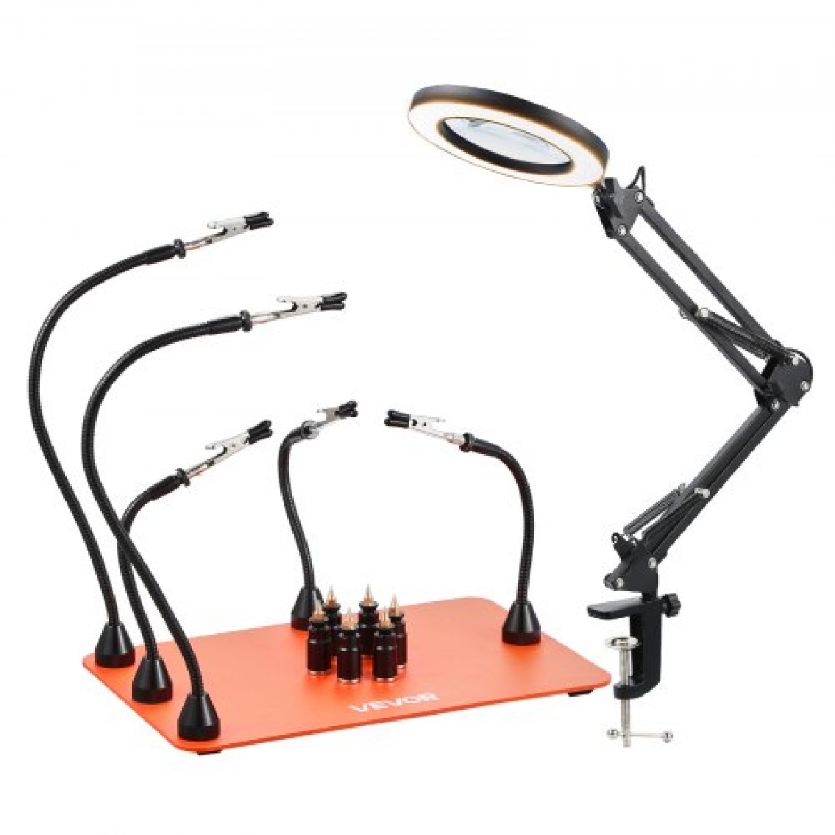 VEVOR Magnetic Helping Hands Soldering Station, 2-in-1 Third Hand Soldering Tool - 3X LED μεγεθυντικός λαμπτήρας & 5 εύκαμπτοι βραχίονες, 6 θήκες PCB, σταθμός βάσης βαρέως τύπου για ηλεκτρονικά επισκευή χειροτεχνίας